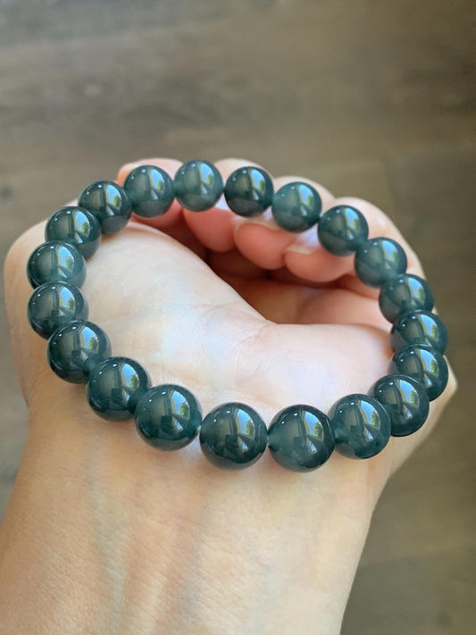 Natural Grade A Guatemalan Icy Translucent Dark Gray Wuji Jade Jadeite Beads Beaded Bracelet 9.7mm 7.25” 32g 天然冰胶危乌鸡翡翠手串 WWJ110