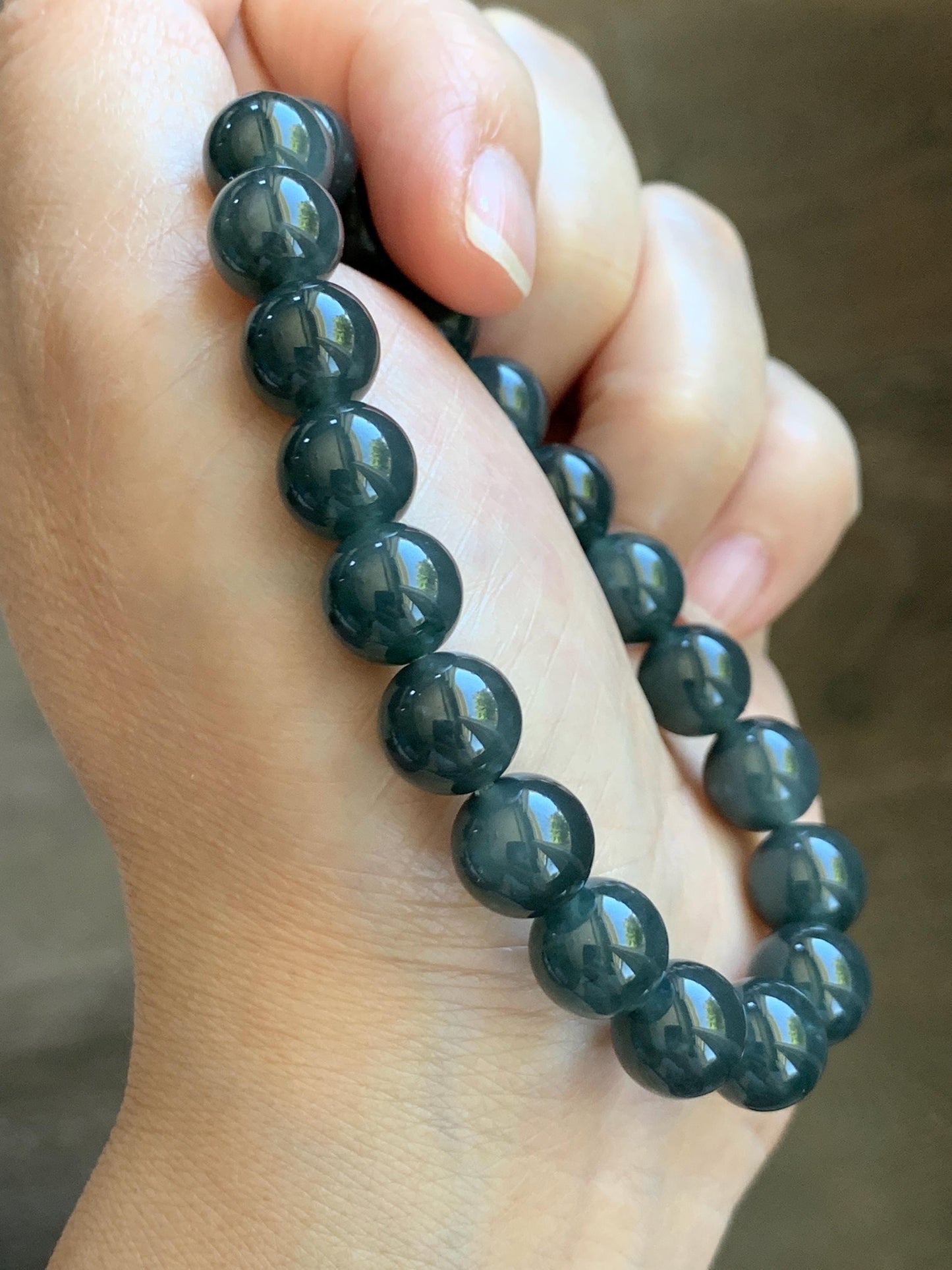 Natural Grade A Guatemalan Icy Translucent Dark Gray Wuji Jade Jadeite Beads Beaded Bracelet 9.7mm 7.25” 32g 天然冰胶危乌鸡翡翠手串 WWJ110