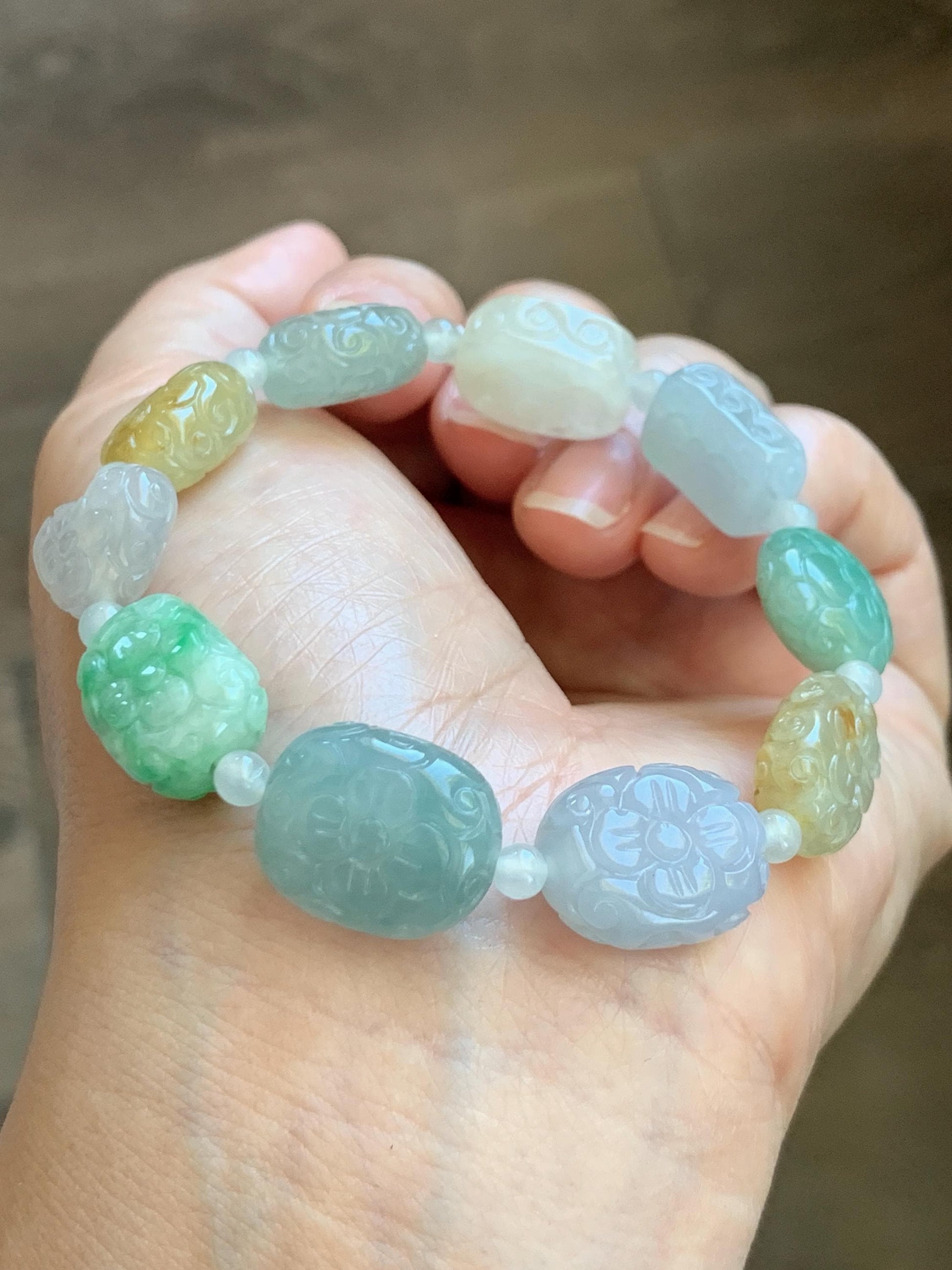 Natural Grade A Icy Highly Translucent Multicolored Jade Jadeite Engraved Retro Beads Beaded Bracelet 6.75” 30g 天然冰胶多宝翡翠雕刻随形珠手串 MDB650