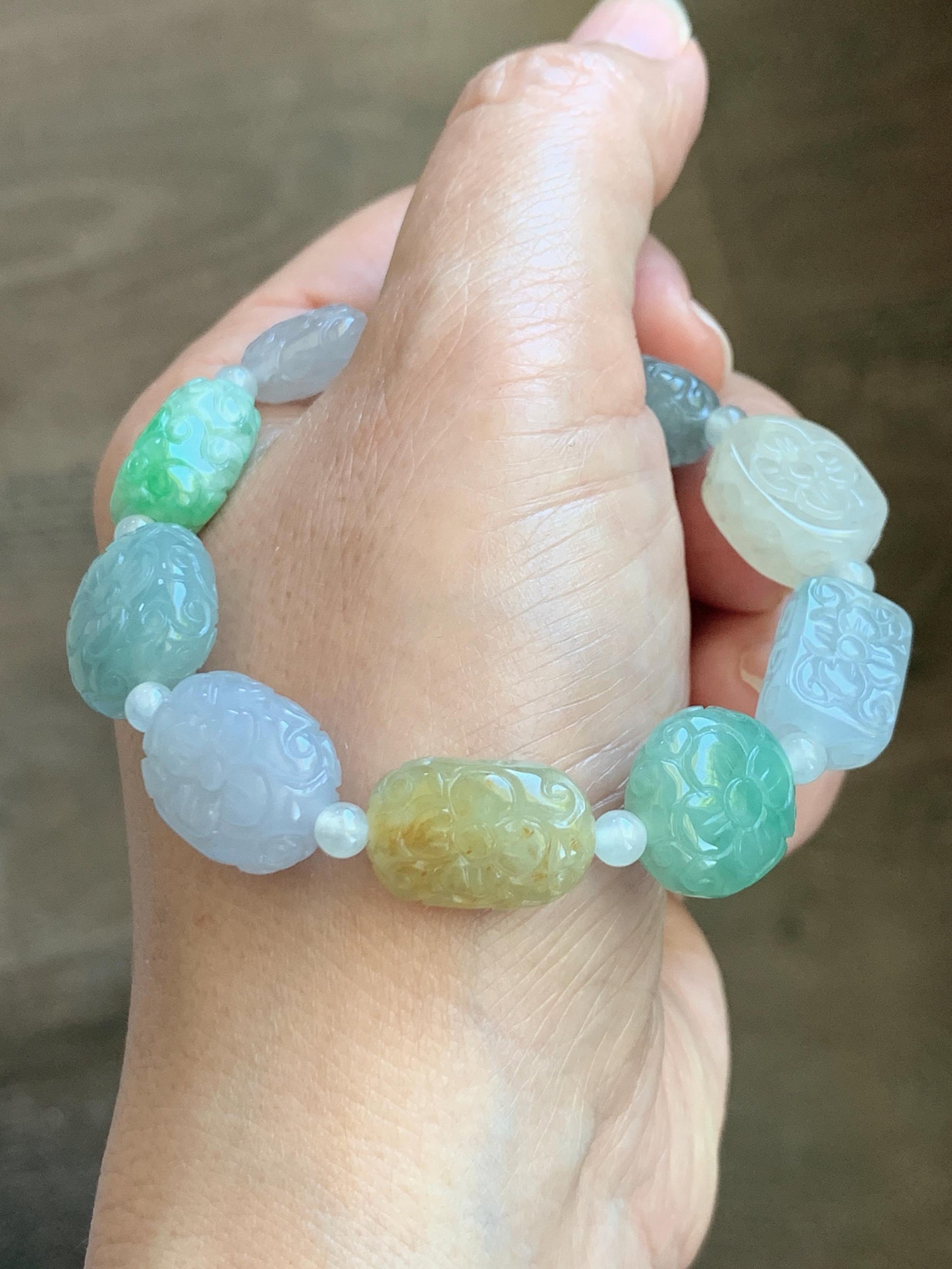 Natural Grade A Icy Highly Translucent Multicolored Jade Jadeite Engraved Retro Beads Beaded Bracelet 6.75” 30g 天然冰胶多宝翡翠雕刻随形珠手串 MDB650