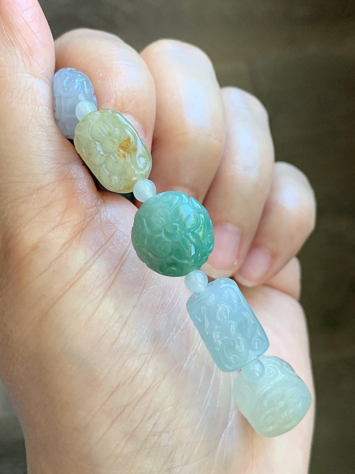 Natural Grade A Icy Highly Translucent Multicolored Jade Jadeite Engraved Retro Beads Beaded Bracelet 6.75” 30g 天然冰胶多宝翡翠雕刻随形珠手串 MDB650