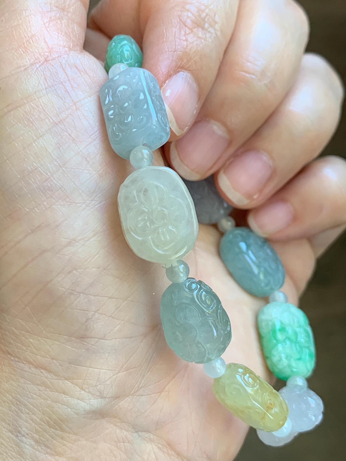 Natural Grade A Icy Highly Translucent Multicolored Jade Jadeite Engraved Retro Beads Beaded Bracelet 6.75” 30g 天然冰胶多宝翡翠雕刻随形珠手串 MDB650
