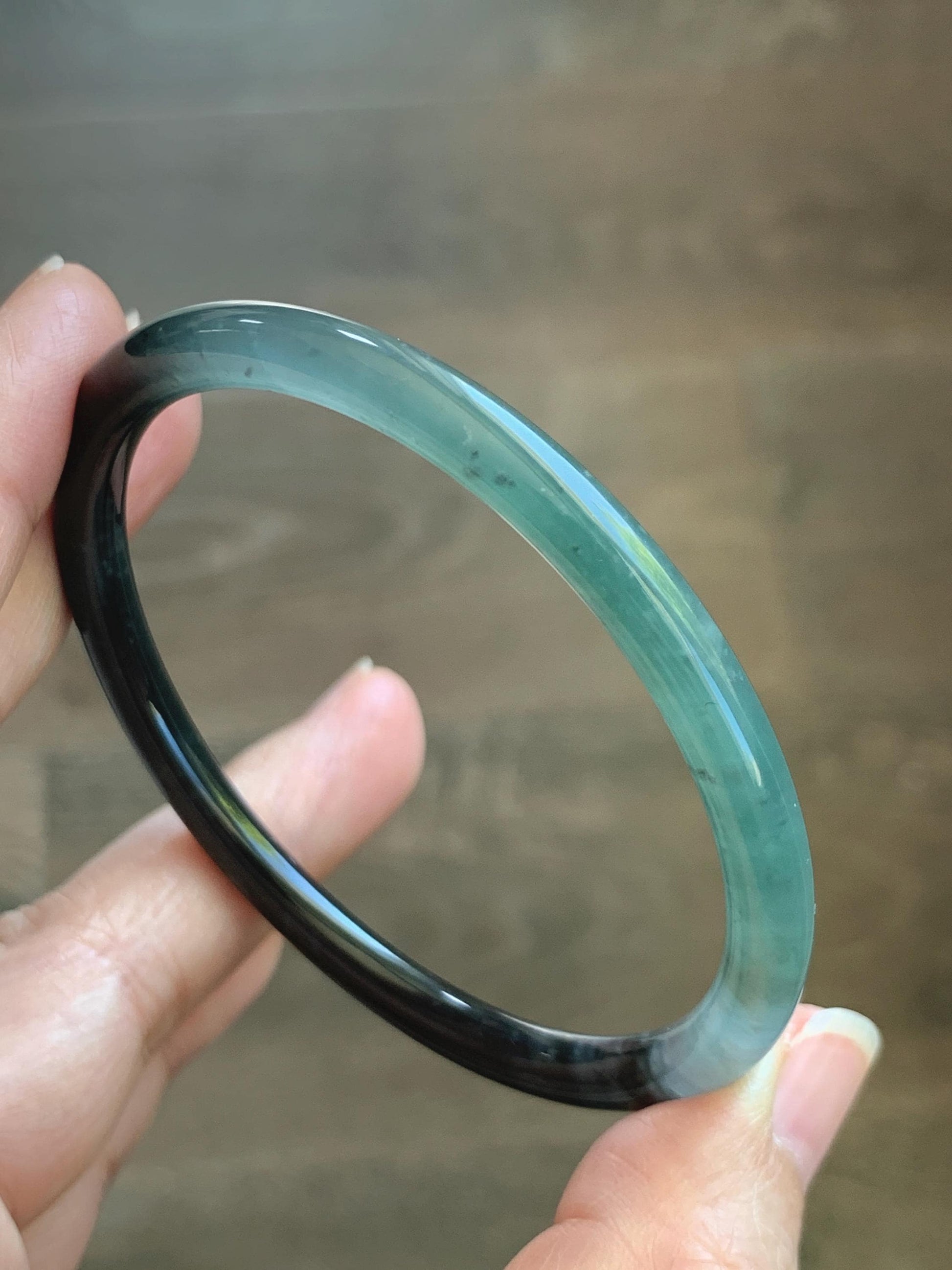 Certified Natural Grade A Guatemalan Icy Translucent Dusty Teal Green Wuji Jade Jadeite Slim Bangle 58.6mm 7.25” 17.7g 天然冰胶危蓝绿乌鸡翡翠细圆条手镯 1179
