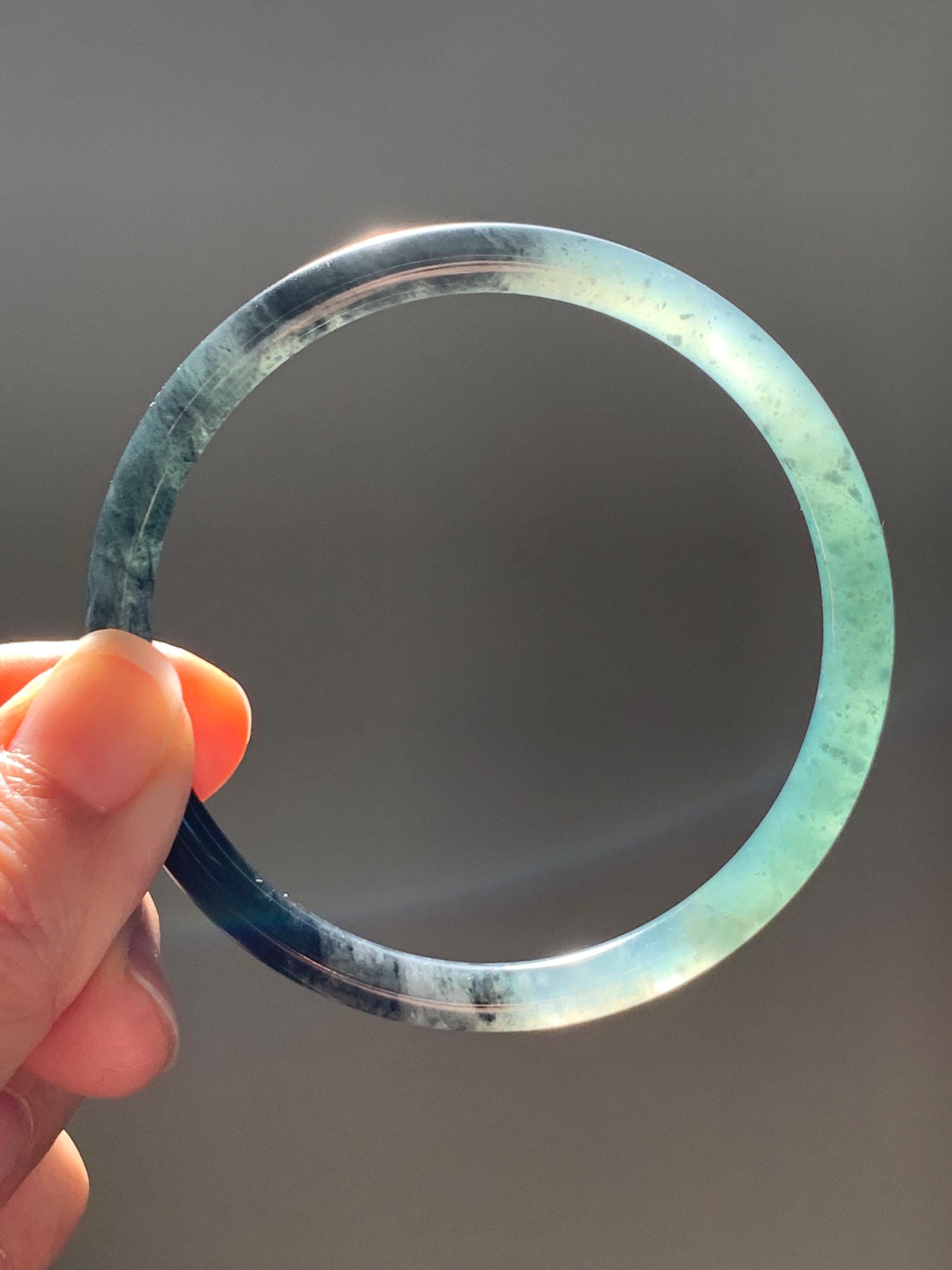 Certified Natural Grade A Guatemalan Icy Translucent Dusty Teal Green Wuji Jade Jadeite Slim Bangle 58.6mm 7.25” 17.7g 天然冰胶危蓝绿乌鸡翡翠细圆条手镯 1179