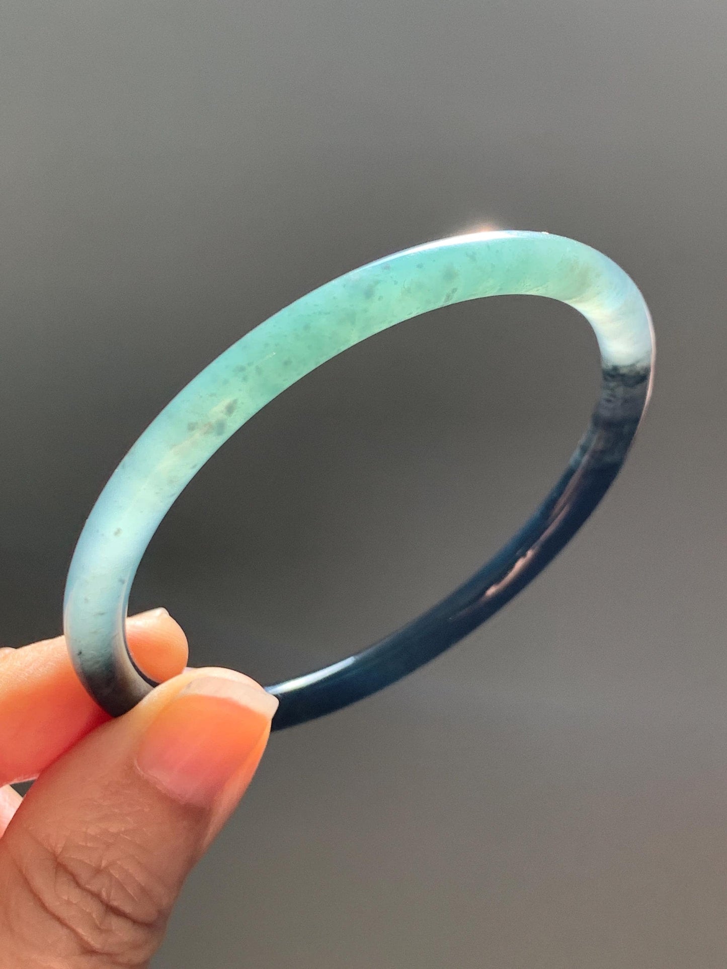 Certified Natural Grade A Guatemalan Icy Translucent Dusty Teal Green Wuji Jade Jadeite Slim Bangle 58.6mm 7.25” 17.7g 天然冰胶危蓝绿乌鸡翡翠细圆条手镯 1179