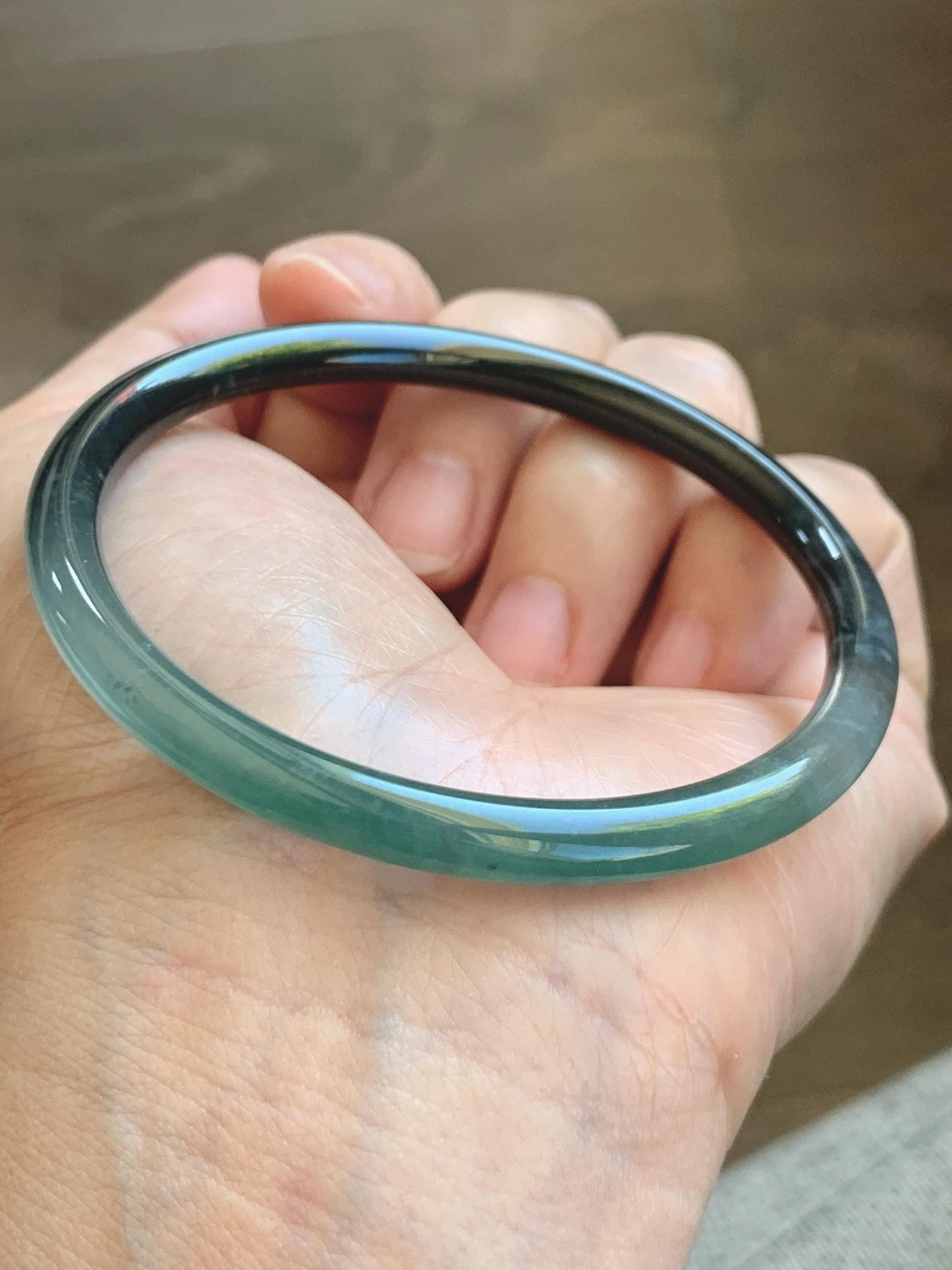 Certified Natural Grade A Guatemalan Icy Translucent Dusty Teal Green Wuji Jade Jadeite Slim Bangle 58.6mm 7.25” 17.7g 天然冰胶危蓝绿乌鸡翡翠细圆条手镯 1179