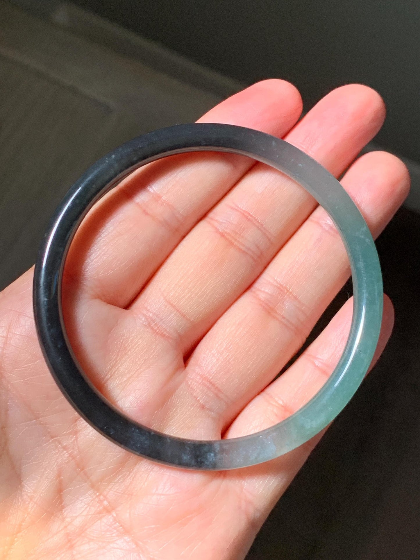 Certified Natural Grade A Guatemalan Icy Translucent Dusty Teal Green Wuji Jade Jadeite Slim Bangle 58.6mm 7.25” 17.7g 天然冰胶危蓝绿乌鸡翡翠细圆条手镯 1179