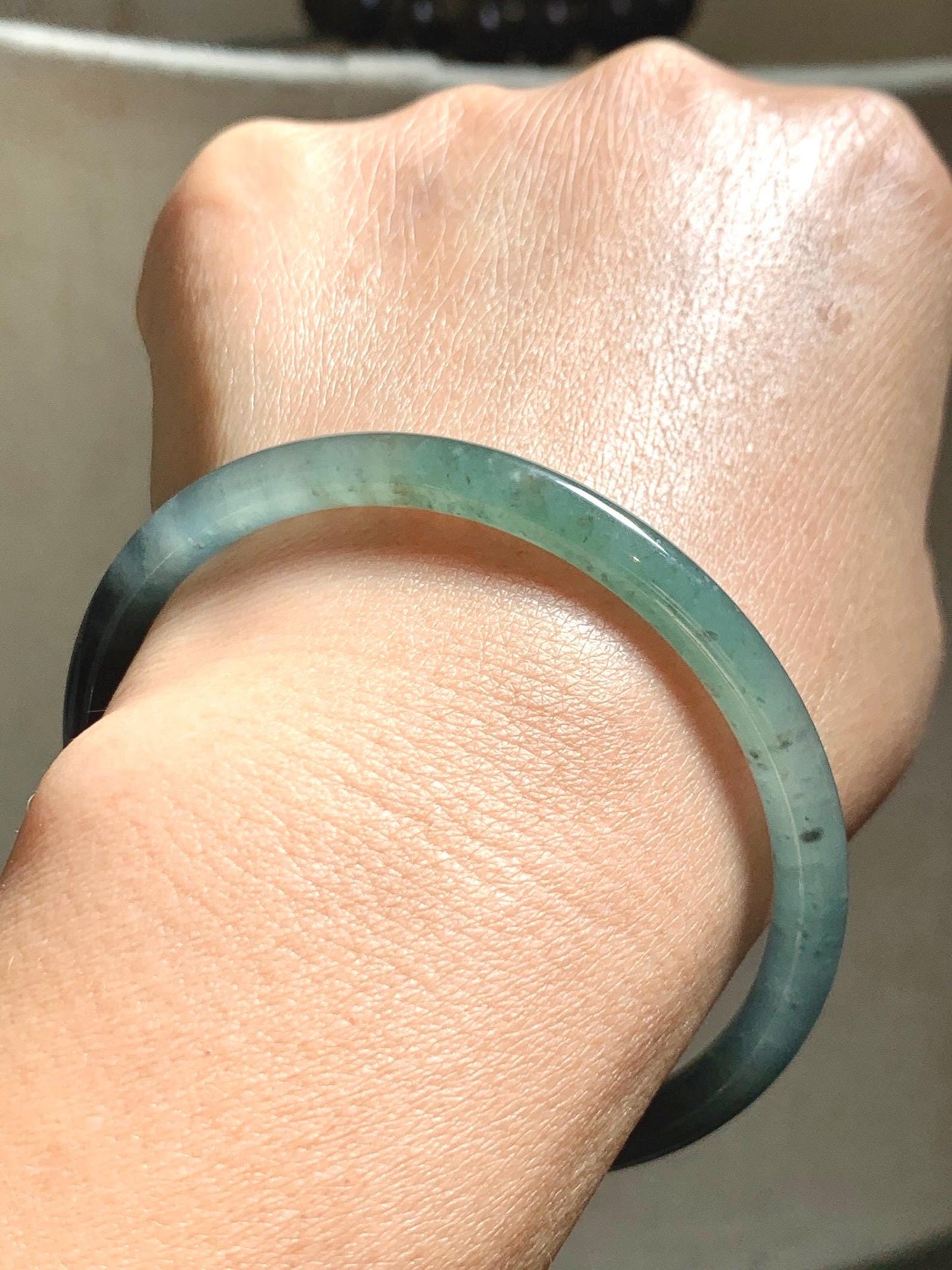 Certified Natural Grade A Guatemalan Icy Translucent Dusty Teal Green Wuji Jade Jadeite Slim Bangle 58.8 7.27” 16.5g 天然冰胶危蓝绿乌鸡翡翠细圆条手镯 1178