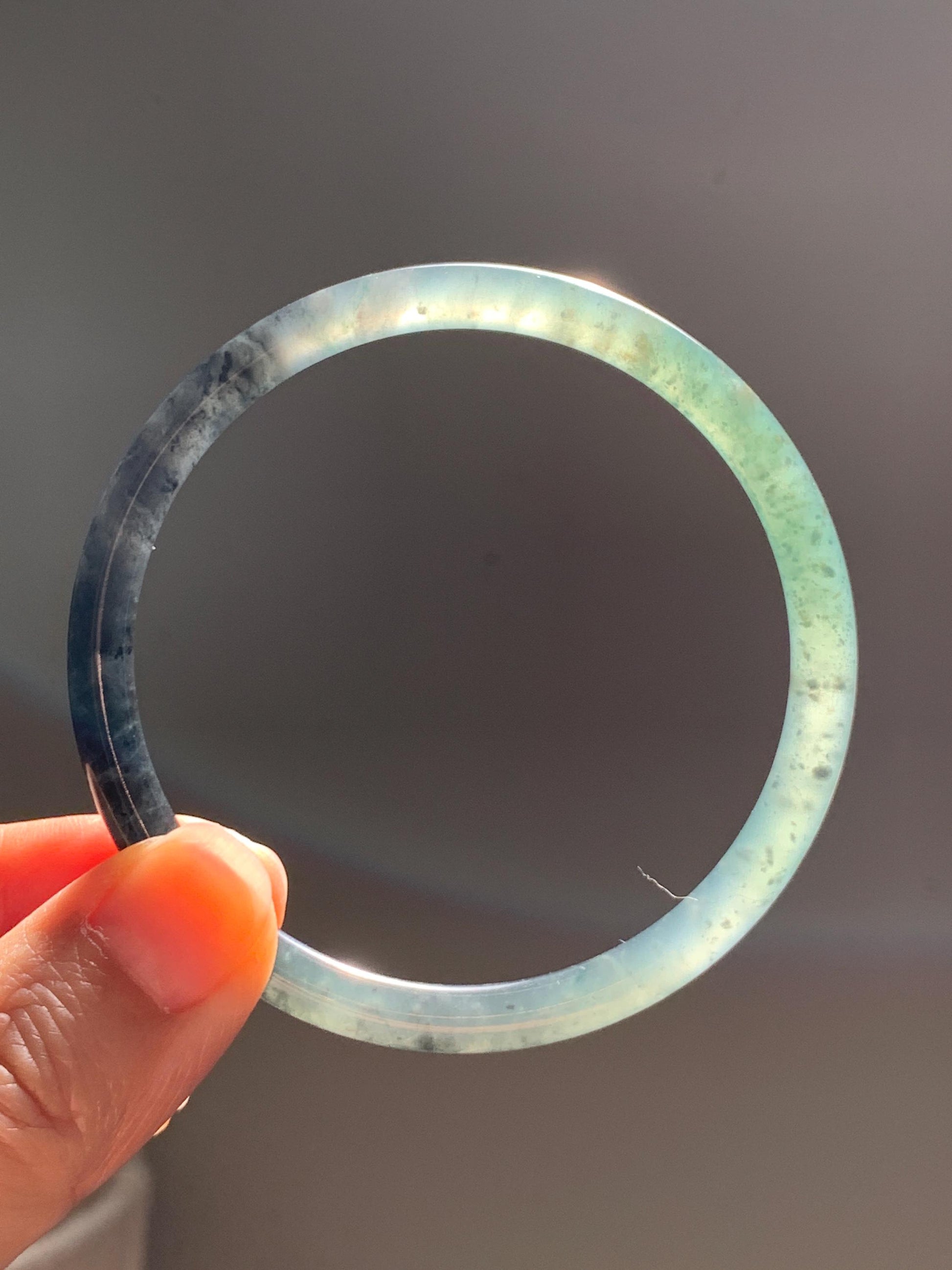 Certified Natural Grade A Guatemalan Icy Translucent Dusty Teal Green Wuji Jade Jadeite Slim Bangle 58.8 7.27” 16.5g 天然冰胶危蓝绿乌鸡翡翠细圆条手镯 1178