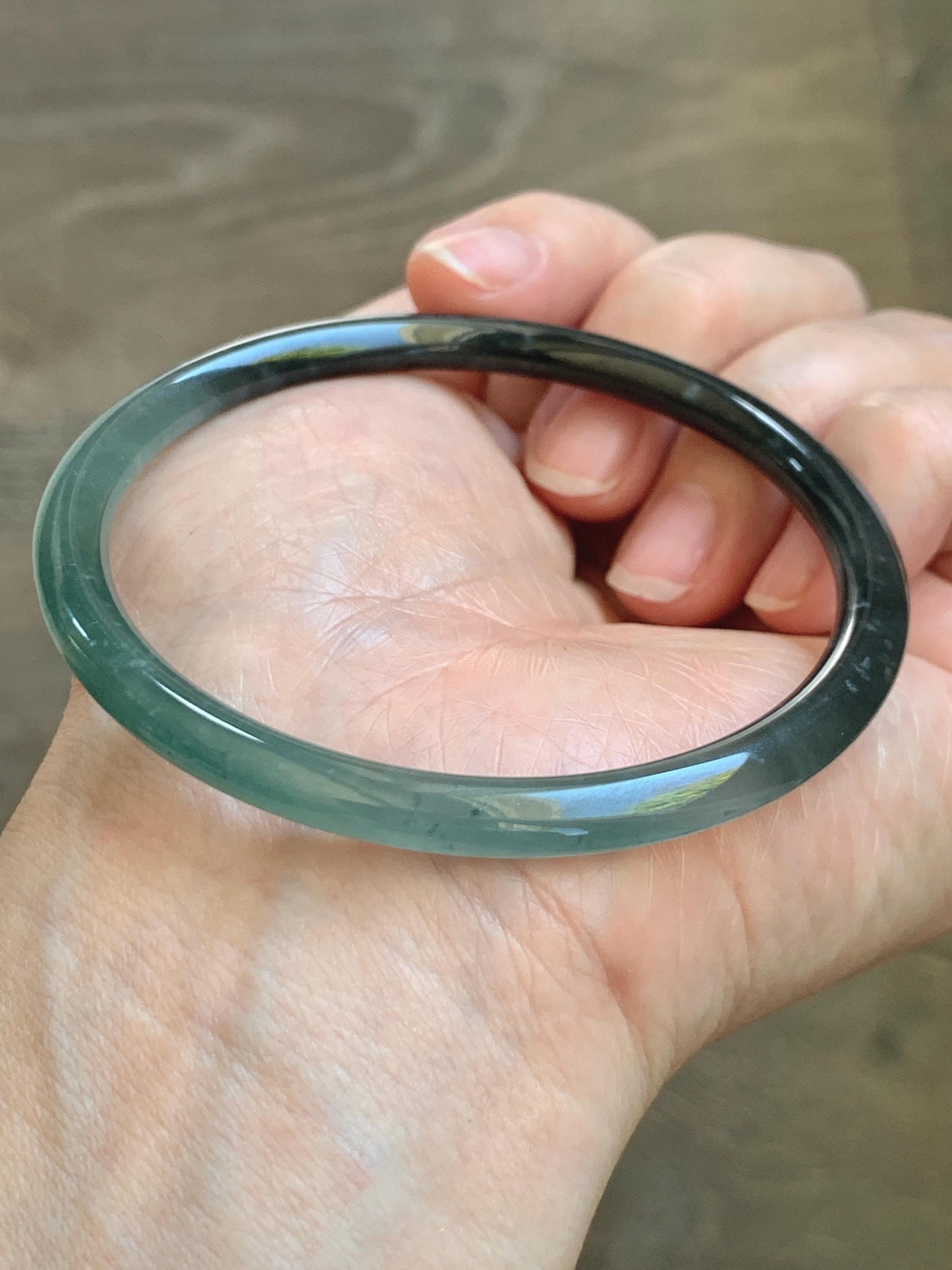 Certified Natural Grade A Guatemalan Icy Translucent Dusty Teal Green Wuji Jade Jadeite Slim Bangle 58.8 7.27” 16.5g 天然冰胶危蓝绿乌鸡翡翠细圆条手镯 1178