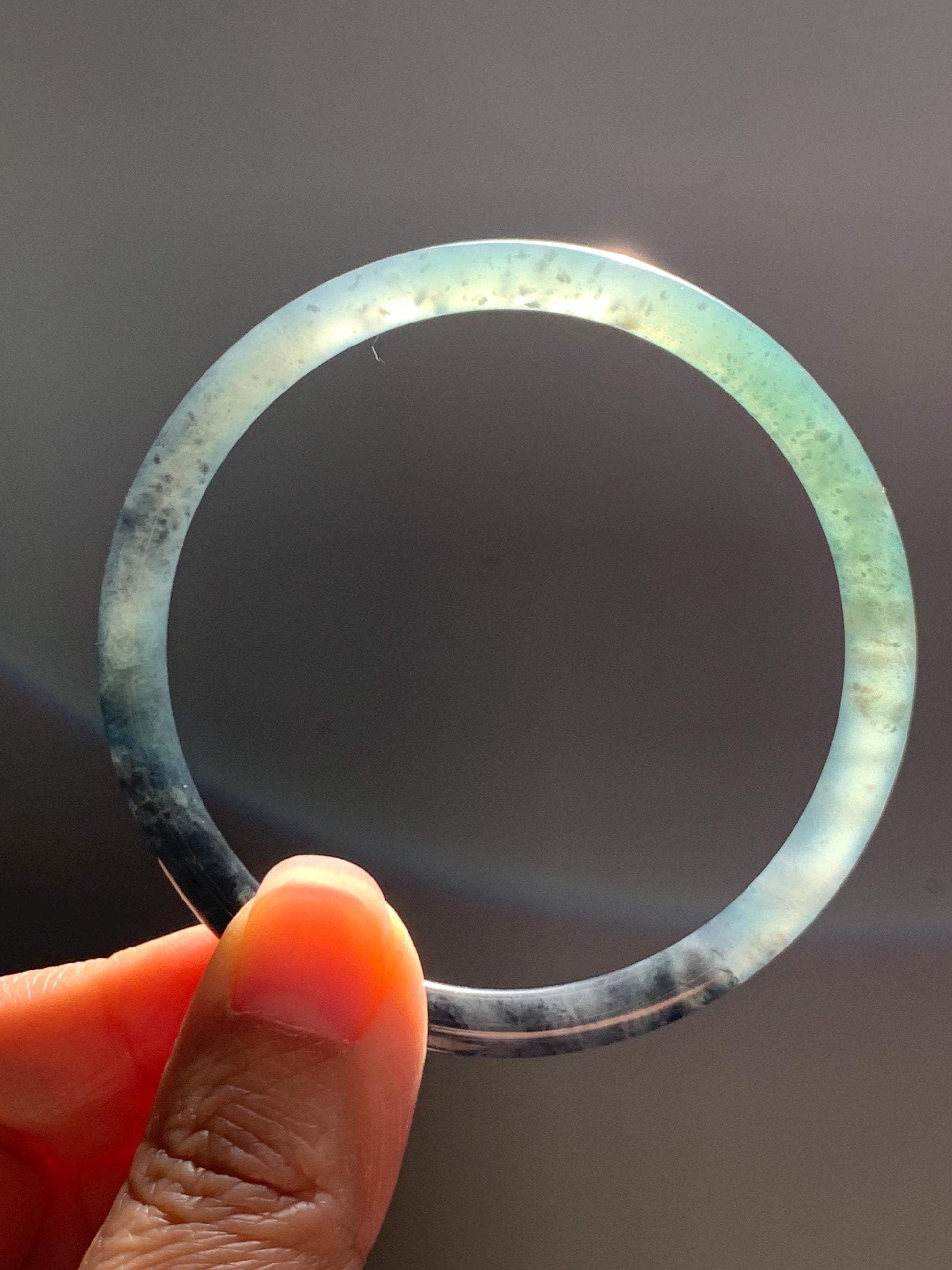 Certified Natural Grade A Guatemalan Icy Translucent Dusty Teal Green Wuji Jade Jadeite Slim Bangle 58.8 7.27” 16.5g 天然冰胶危蓝绿乌鸡翡翠细圆条手镯 1178