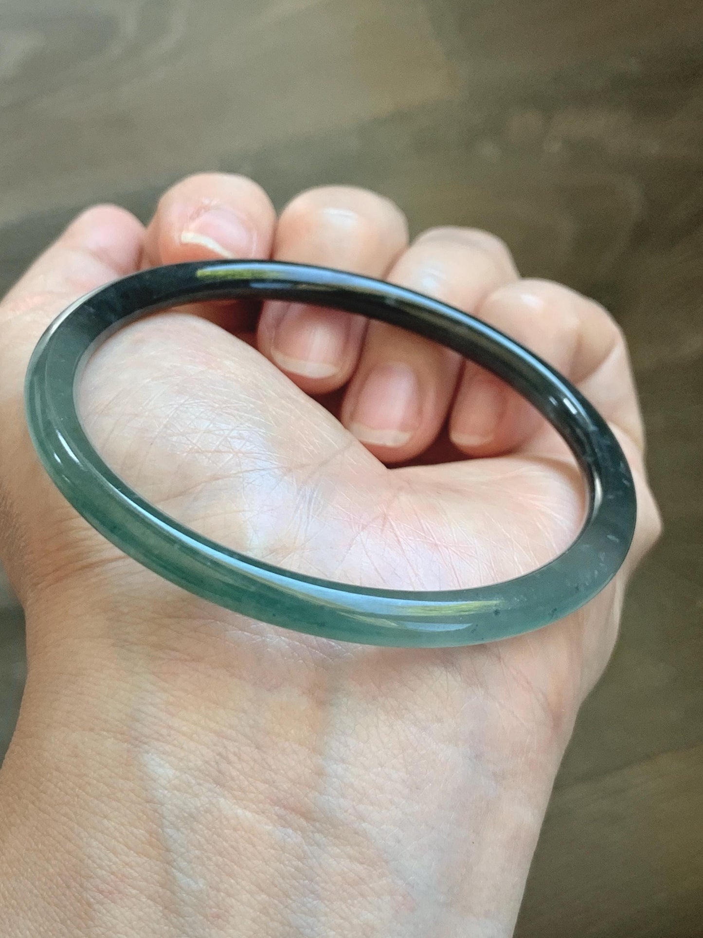 Certified Natural Grade A Guatemalan Icy Translucent Dusty Teal Green Wuji Jade Jadeite Slim Bangle 58.8 7.27” 16.5g 天然冰胶危蓝绿乌鸡翡翠细圆条手镯 1178