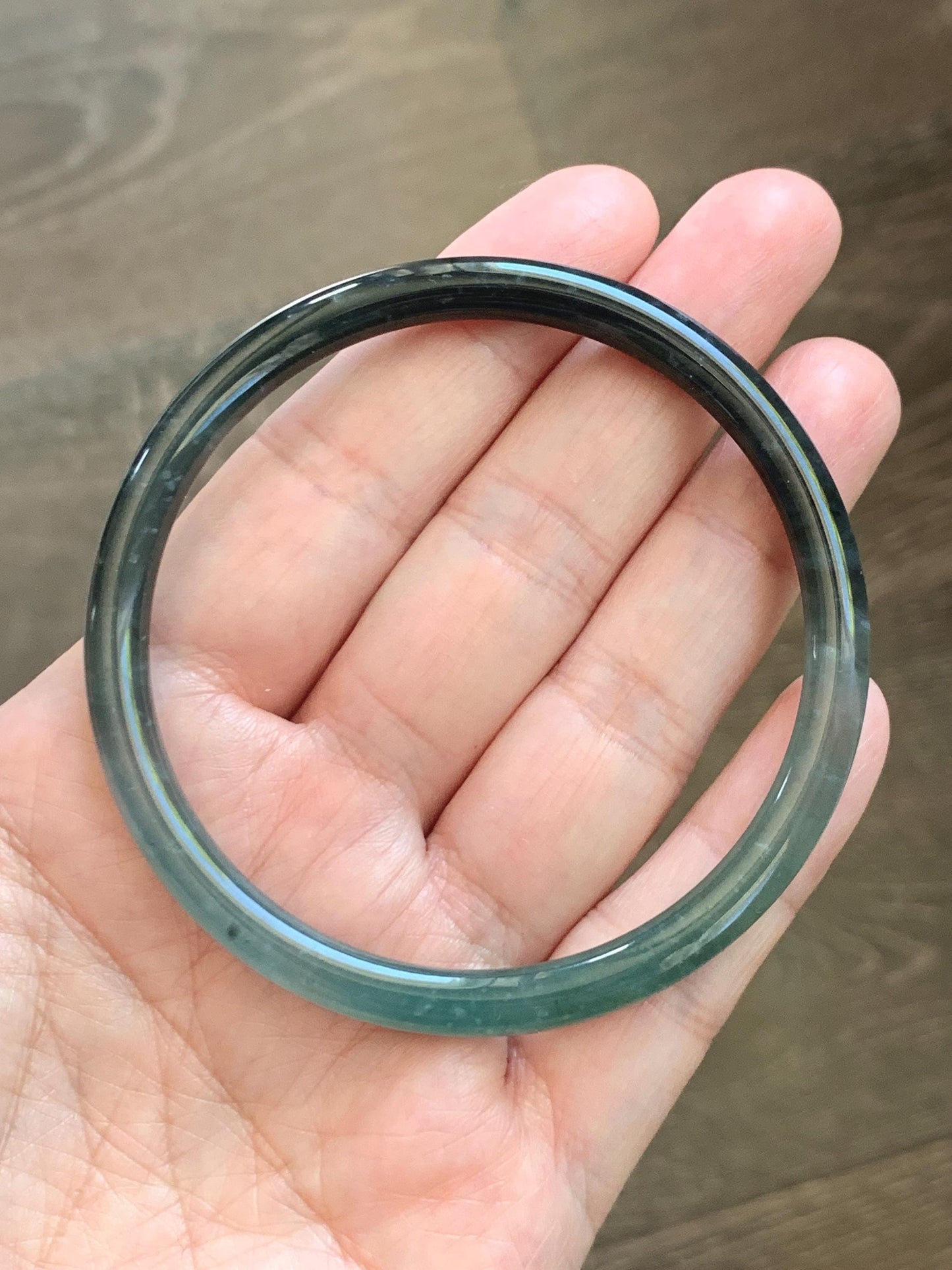 Certified Natural Grade A Guatemalan Icy Translucent Dusty Teal Green Wuji Jade Jadeite Slim Bangle 58.8 7.27” 16.5g 天然冰胶危蓝绿乌鸡翡翠细圆条手镯 1178