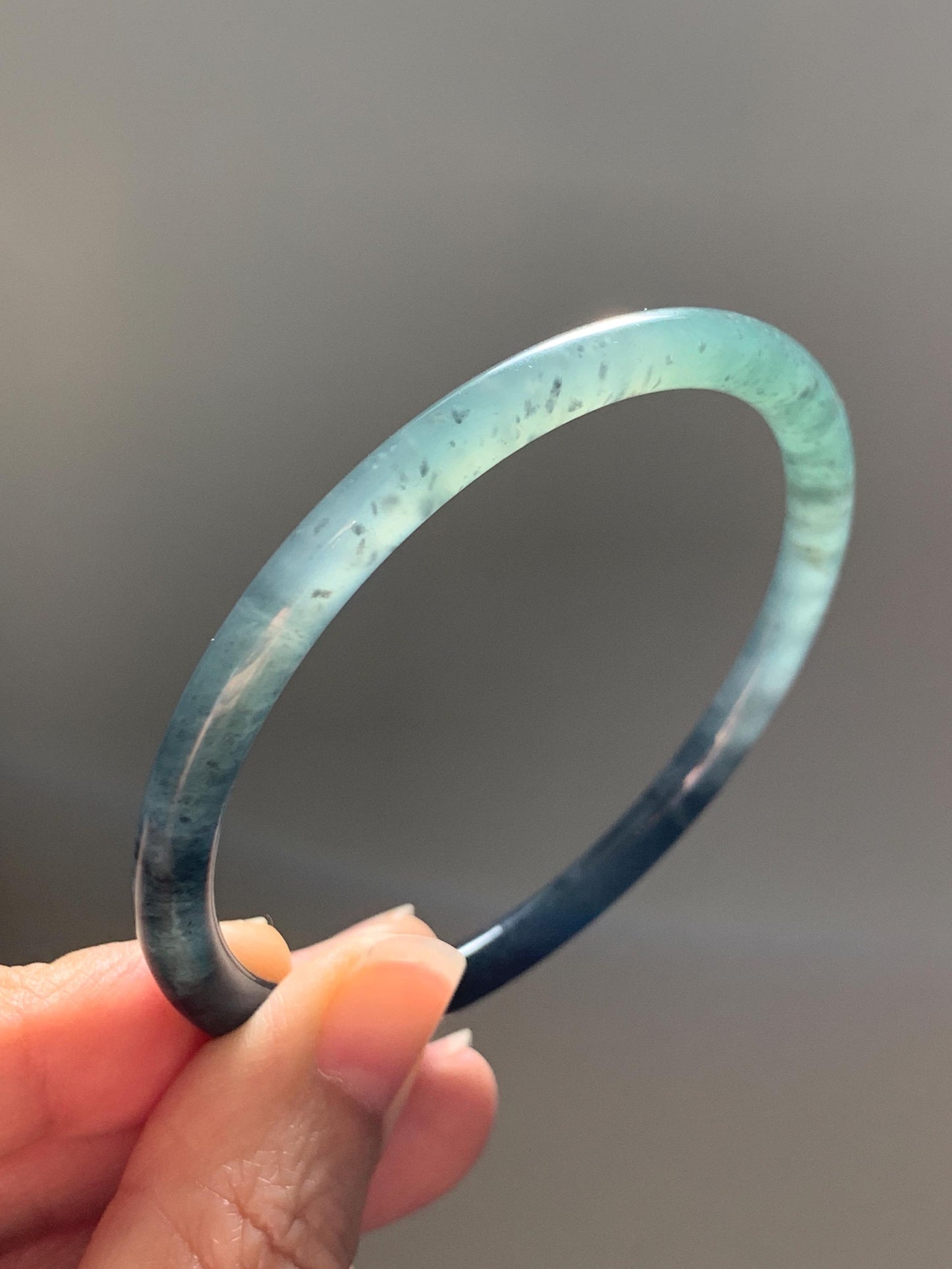 Certified Natural Grade A Guatemalan Icy Translucent Dusty Teal Green Wuji Jade Jadeite Slim Bangle 58.8 7.27” 16.5g 天然冰胶危蓝绿乌鸡翡翠细圆条手镯 1178