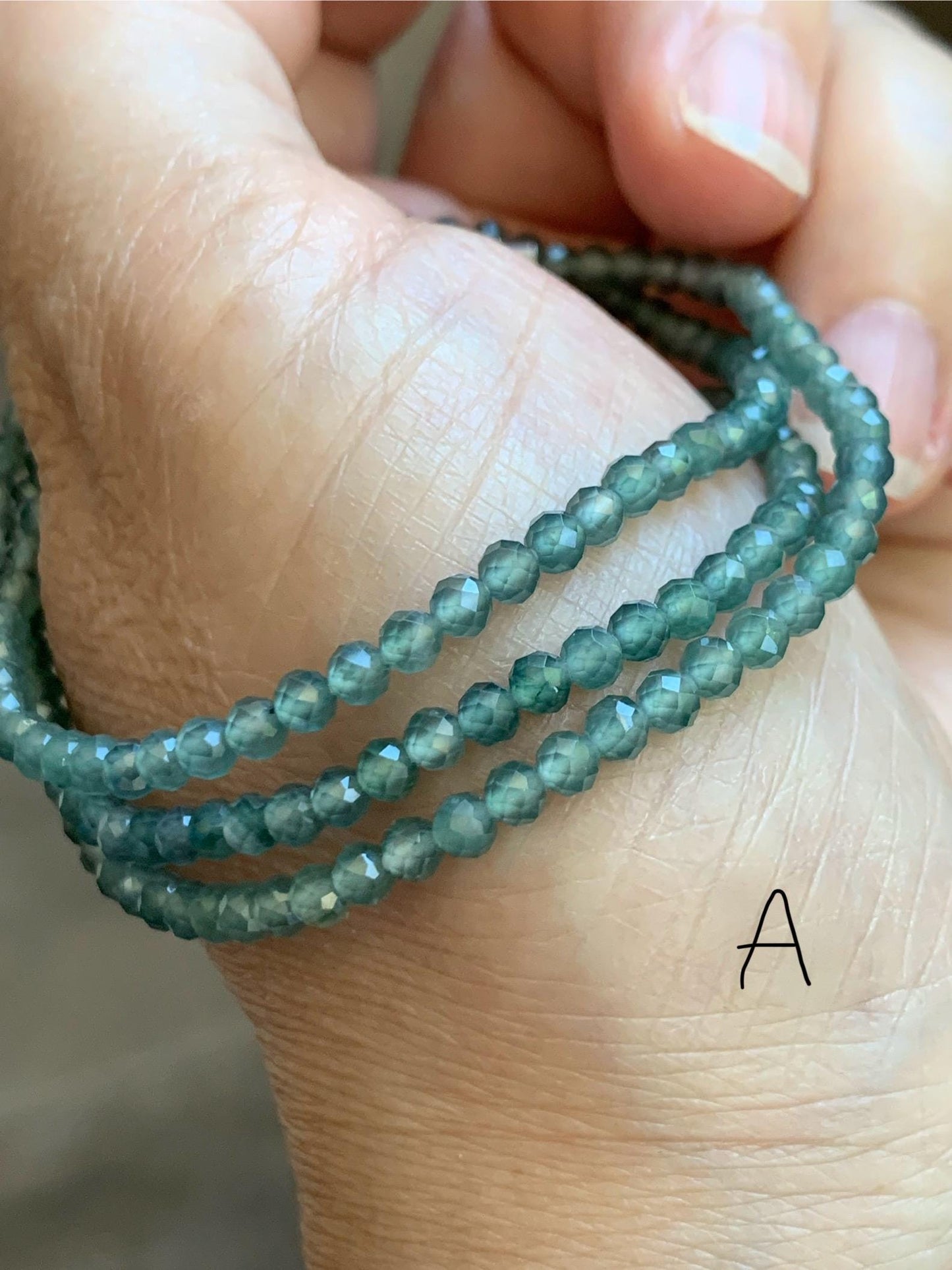 Petite Natural Guatemalan Grade A Icy Highly Translucent Teal Blue Faceted Jade Jadeite Beads Beaded Necklace 3mm 20" 天然冰危蓝翡翠切割小圆珠项链 WPQ560