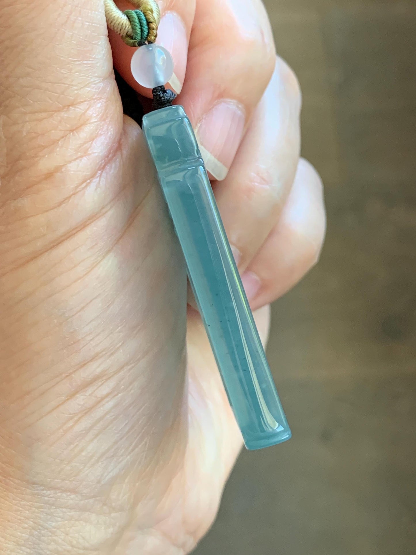 Certified Natural Grade A Guatemalan Icy Dusty Teal Blue Jade Jadeite Bamboo Cherry Blossom Pendant Rope Necklace 26” 22g 天然冰危蓝翡翠竹节梅花吊坠 450