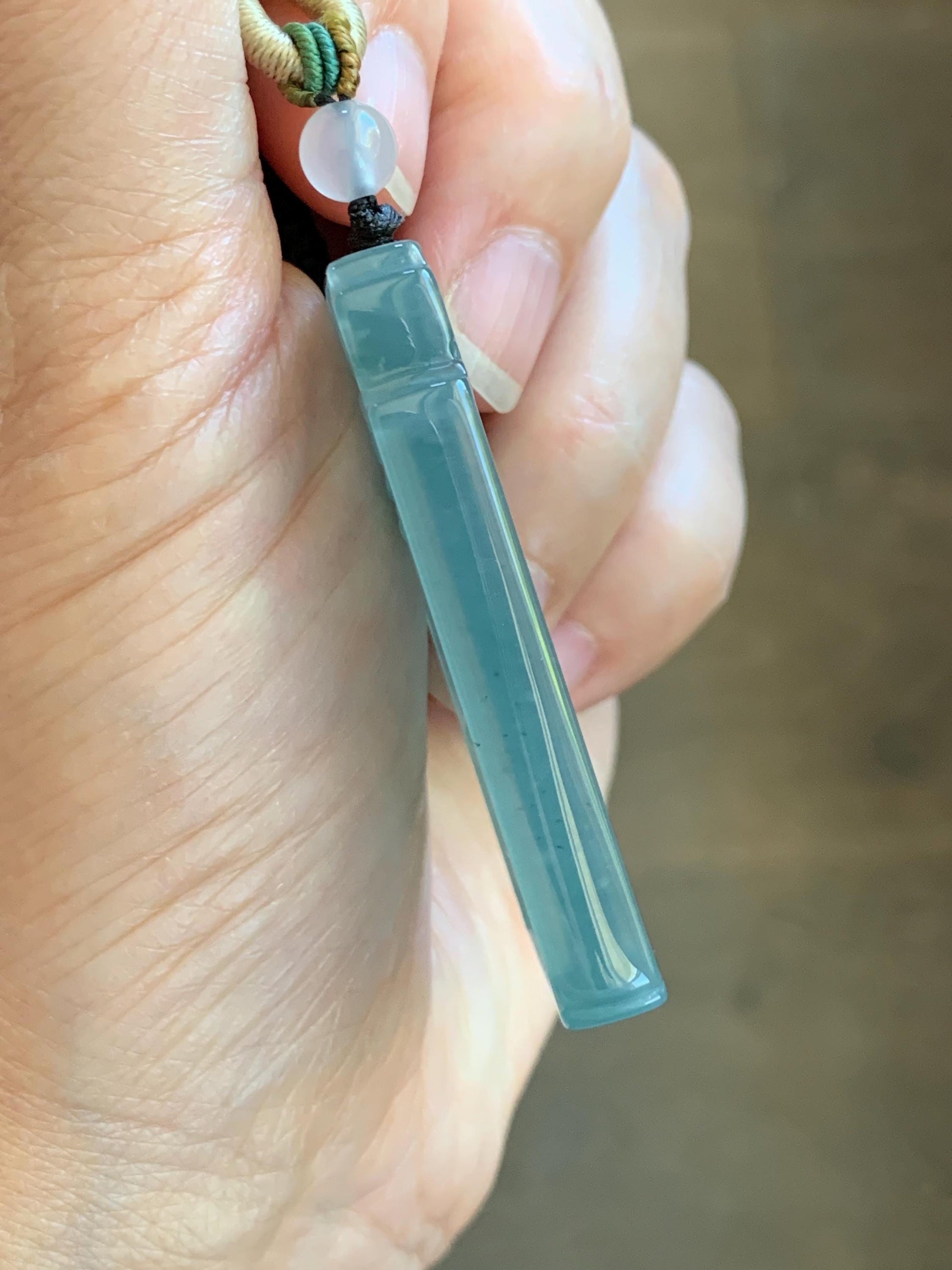 Certified Natural Grade A Guatemalan Icy Dusty Teal Blue Jade Jadeite Bamboo Cherry Blossom Pendant Rope Necklace 26” 22g 天然冰危蓝翡翠竹节梅花吊坠 450
