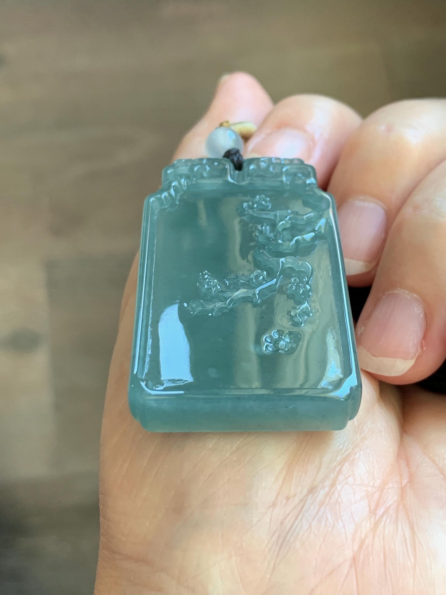 Certified Natural Grade A Guatemalan Icy Dusty Teal Blue Jade Jadeite Bamboo Cherry Blossom Pendant Rope Necklace 26” 22g 天然冰危蓝翡翠竹节梅花吊坠 450