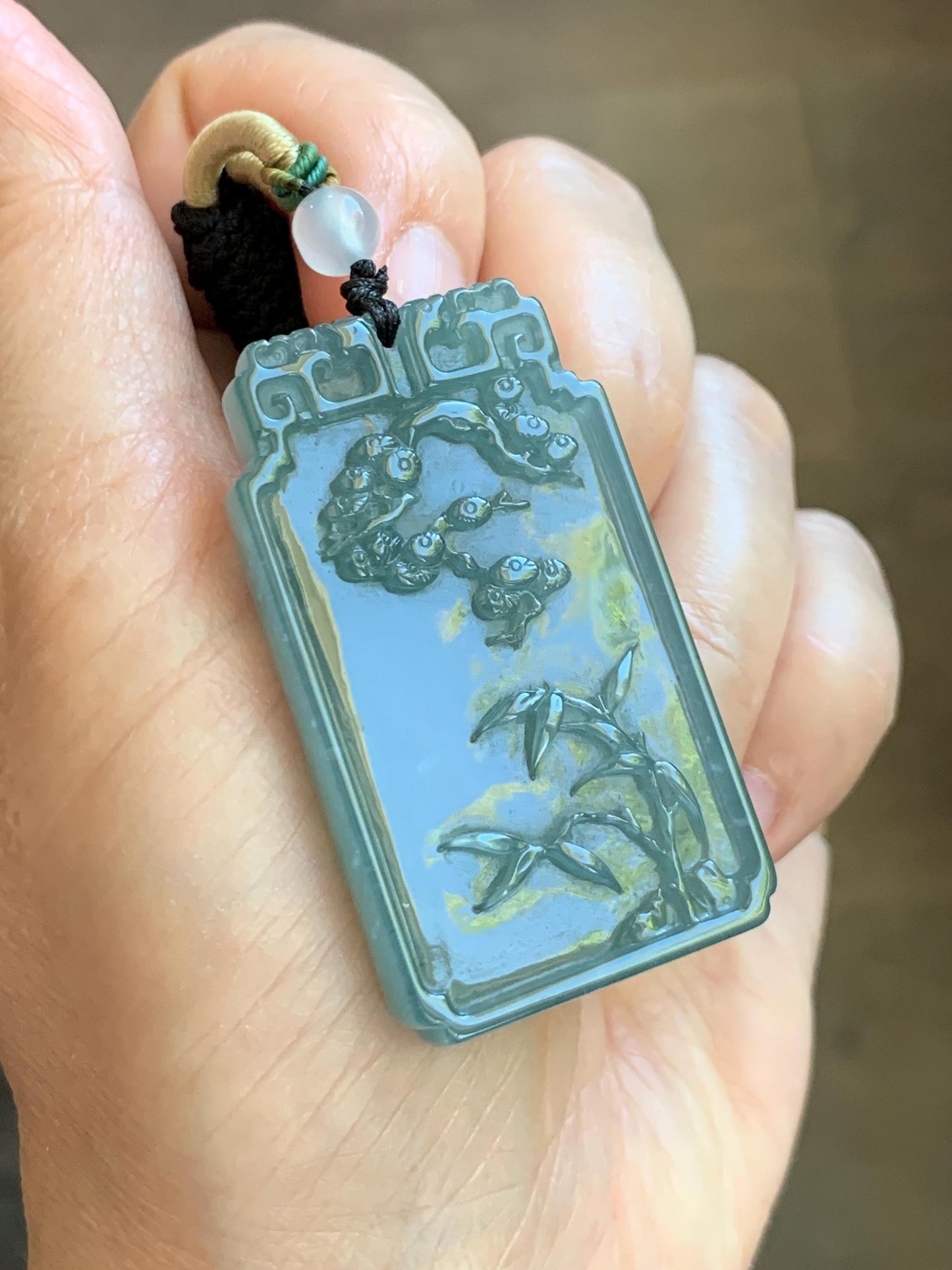 Certified Natural Grade A Guatemalan Icy Dusty Teal Blue Jade Jadeite Bamboo Cherry Blossom Pendant Rope Necklace 26” 22g 天然冰危蓝翡翠竹节梅花吊坠 450