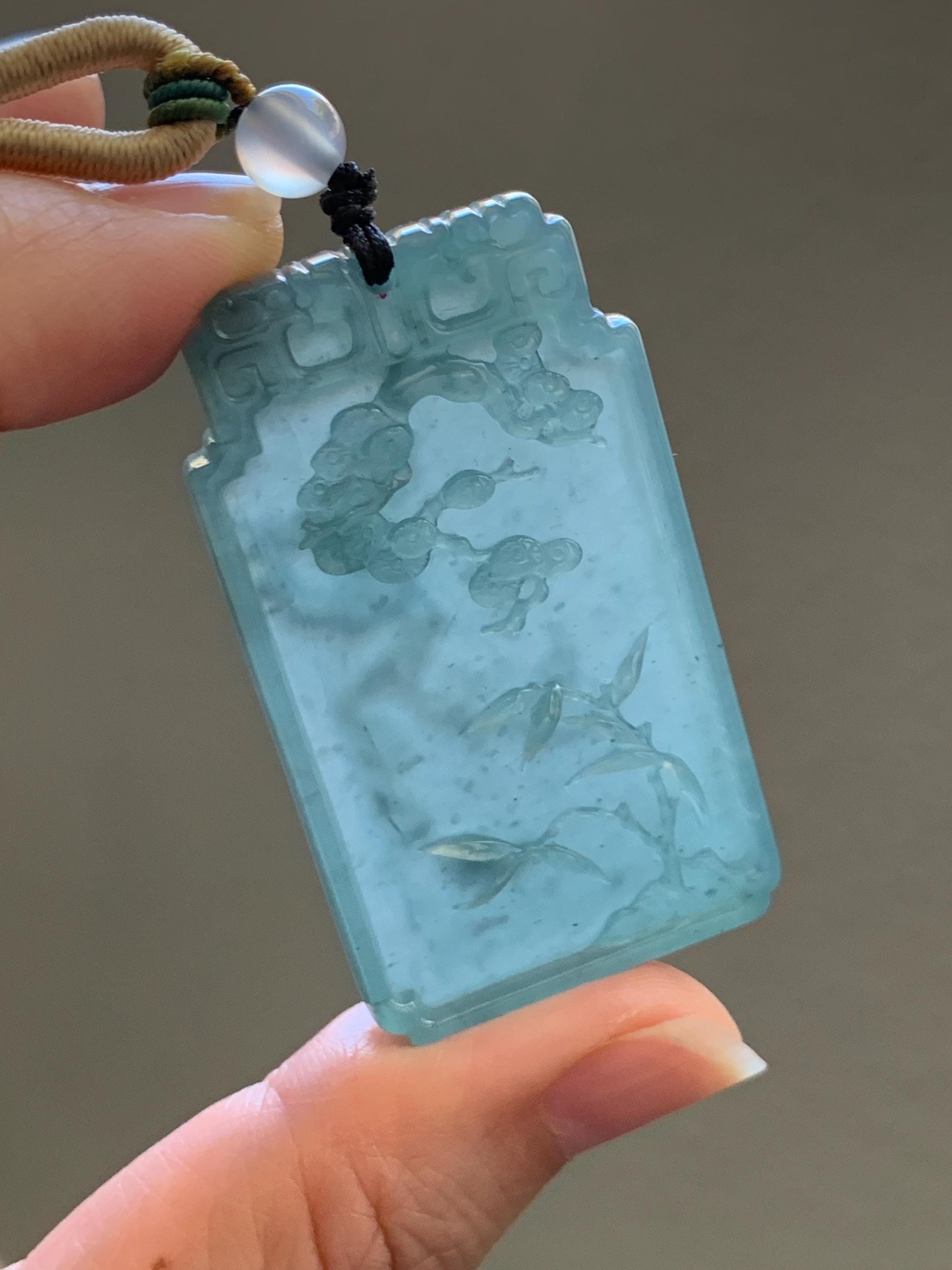 Certified Natural Grade A Guatemalan Icy Dusty Teal Blue Jade Jadeite Bamboo Cherry Blossom Pendant Rope Necklace 26” 22g 天然冰危蓝翡翠竹节梅花吊坠 450