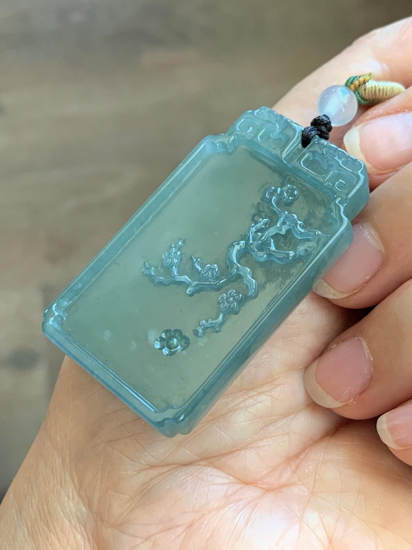 Certified Natural Grade A Guatemalan Icy Dusty Teal Blue Jade Jadeite Bamboo Cherry Blossom Pendant Rope Necklace 26” 22g 天然冰危蓝翡翠竹节梅花吊坠 450