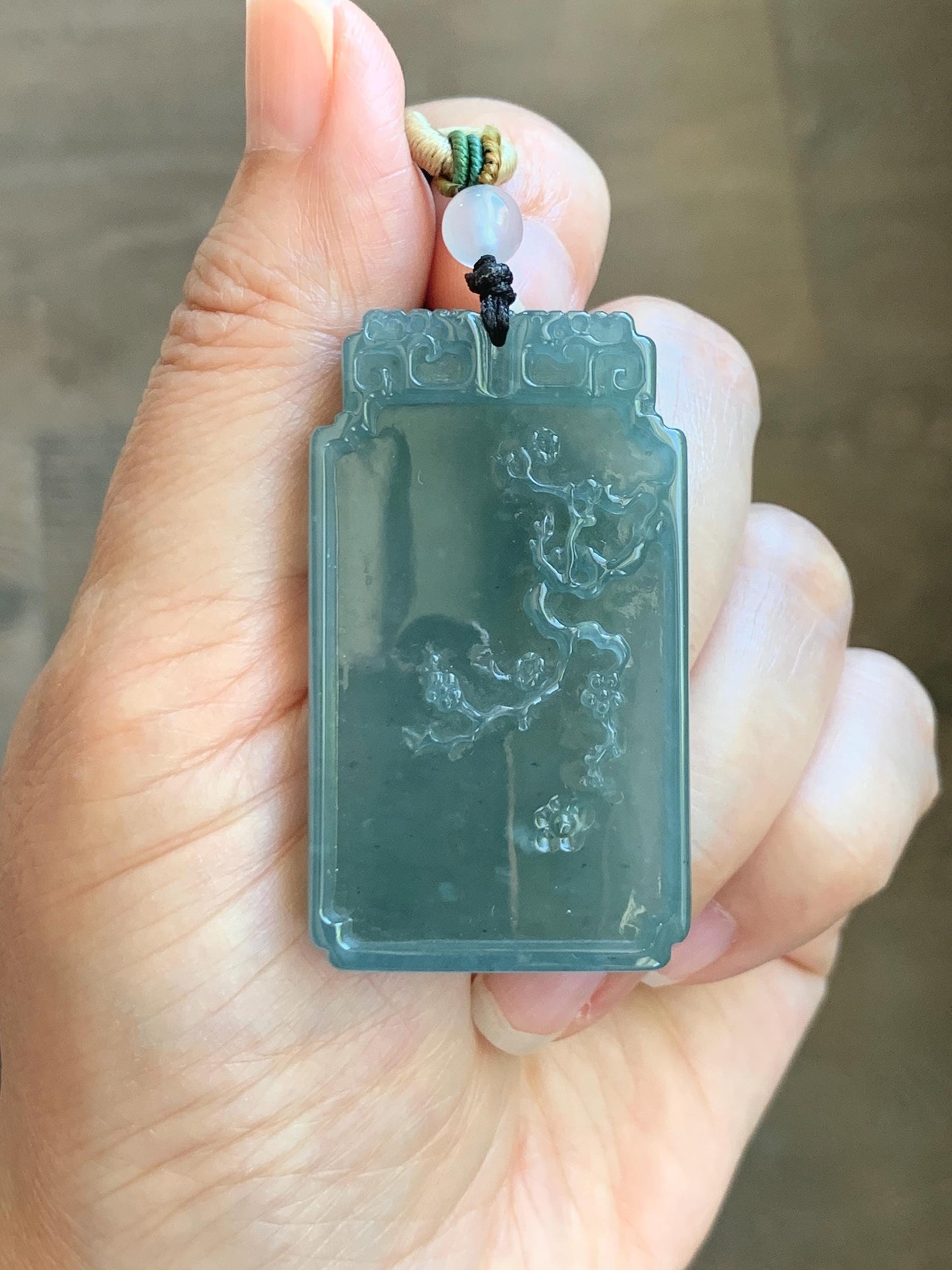 Certified Natural Grade A Guatemalan Icy Dusty Teal Blue Jade Jadeite Bamboo Cherry Blossom Pendant Rope Necklace 26” 22g 天然冰危蓝翡翠竹节梅花吊坠 450