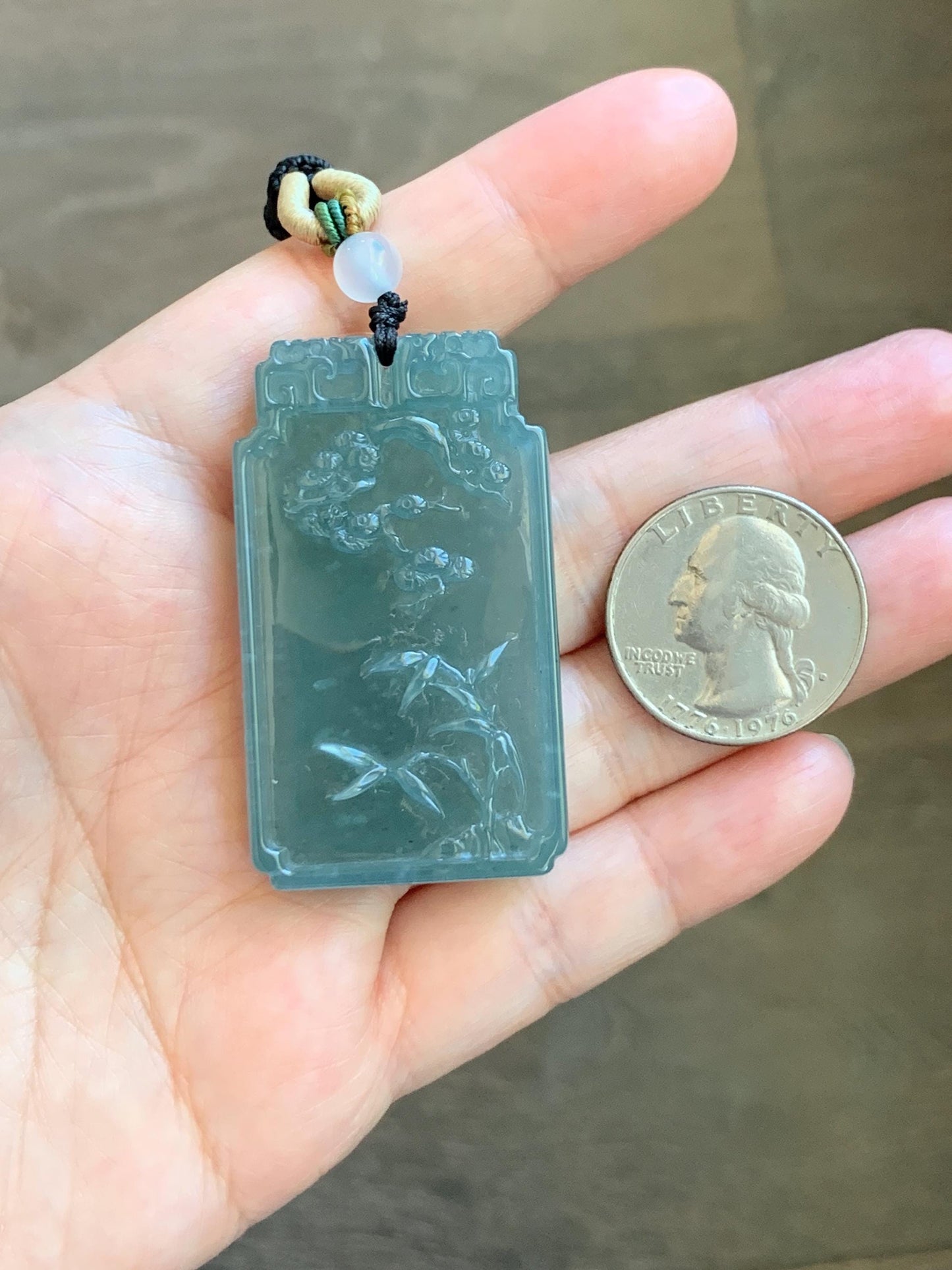 Certified Natural Grade A Guatemalan Icy Dusty Teal Blue Jade Jadeite Bamboo Cherry Blossom Pendant Rope Necklace 26” 22g 天然冰危蓝翡翠竹节梅花吊坠 450