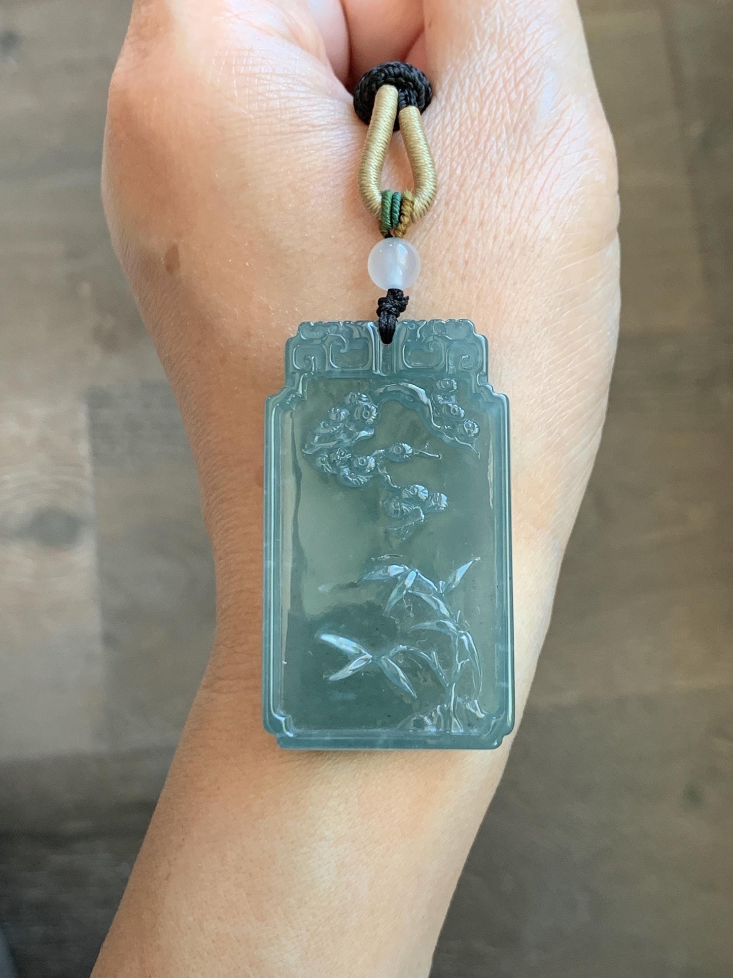 Certified Natural Grade A Guatemalan Icy Dusty Teal Blue Jade Jadeite Bamboo Cherry Blossom Pendant Rope Necklace 26” 22g 天然冰危蓝翡翠竹节梅花吊坠 450