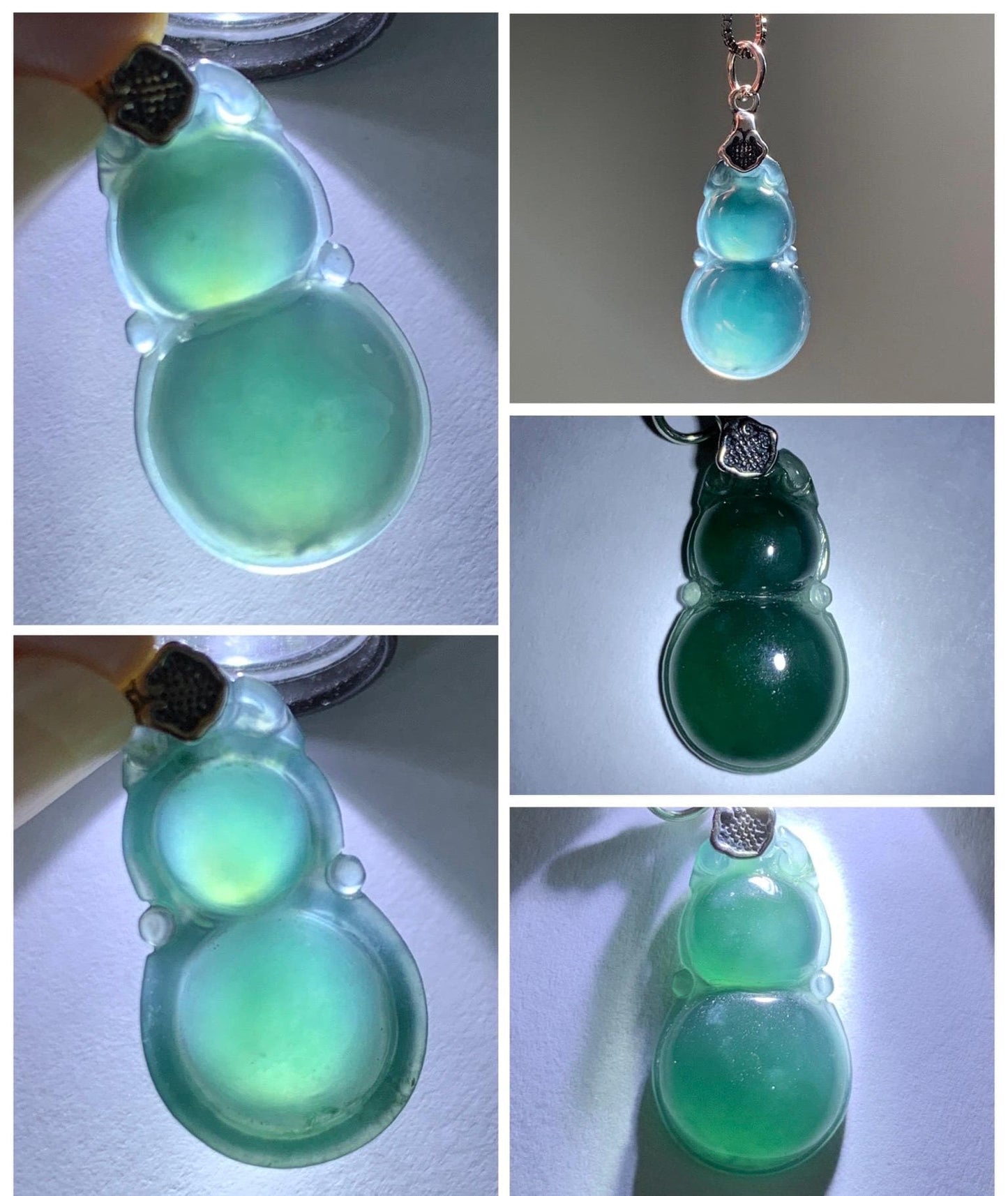 Natural Grade A Guatemalan Icy Translucent Dark Teal Green Jade Jadeite Gourd Hulu Pendant Sterling Silver 2g 天然冰危深蓝绿翡翠葫芦吊坠 WHL132B