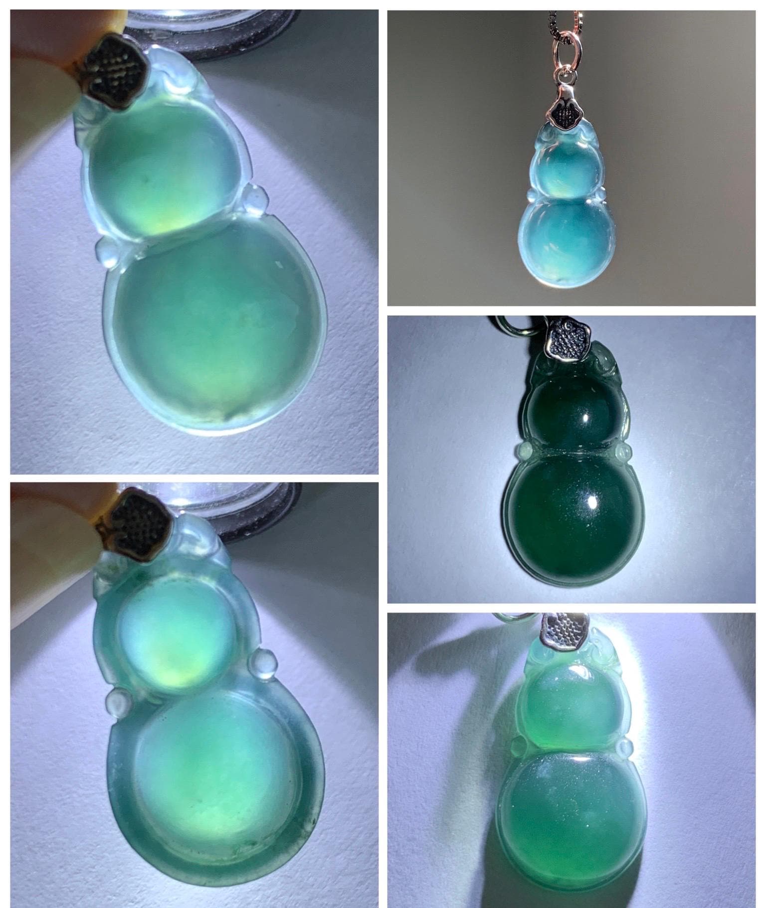 Natural Grade A Guatemalan Icy Translucent Dark Teal Green Jade Jadeite Gourd Hulu Pendant Sterling Silver 2g 天然冰危深蓝绿翡翠葫芦吊坠 WHL132B