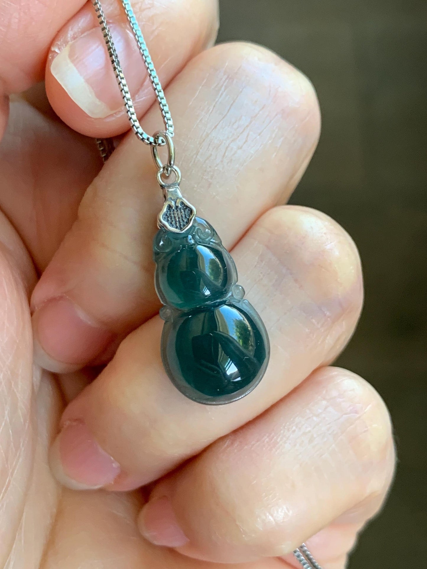 Natural Grade A Guatemalan Icy Translucent Dark Teal Green Jade Jadeite Gourd Hulu Pendant Sterling Silver 2g 天然冰危深蓝绿翡翠葫芦吊坠 WHL132B