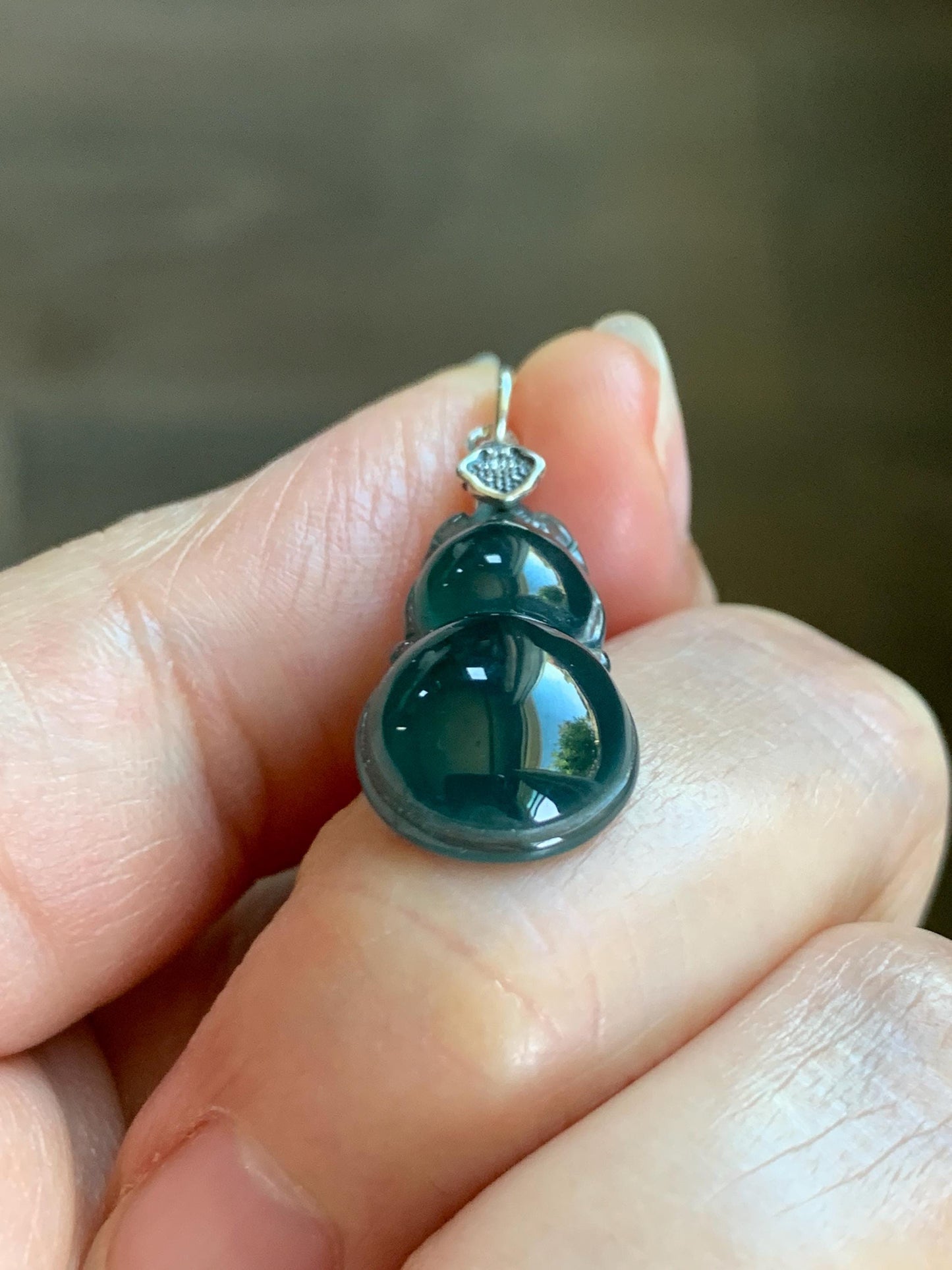 Natural Grade A Guatemalan Icy Translucent Dark Teal Green Jade Jadeite Gourd Hulu Pendant Sterling Silver 2g 天然冰危深蓝绿翡翠葫芦吊坠 WHL132B