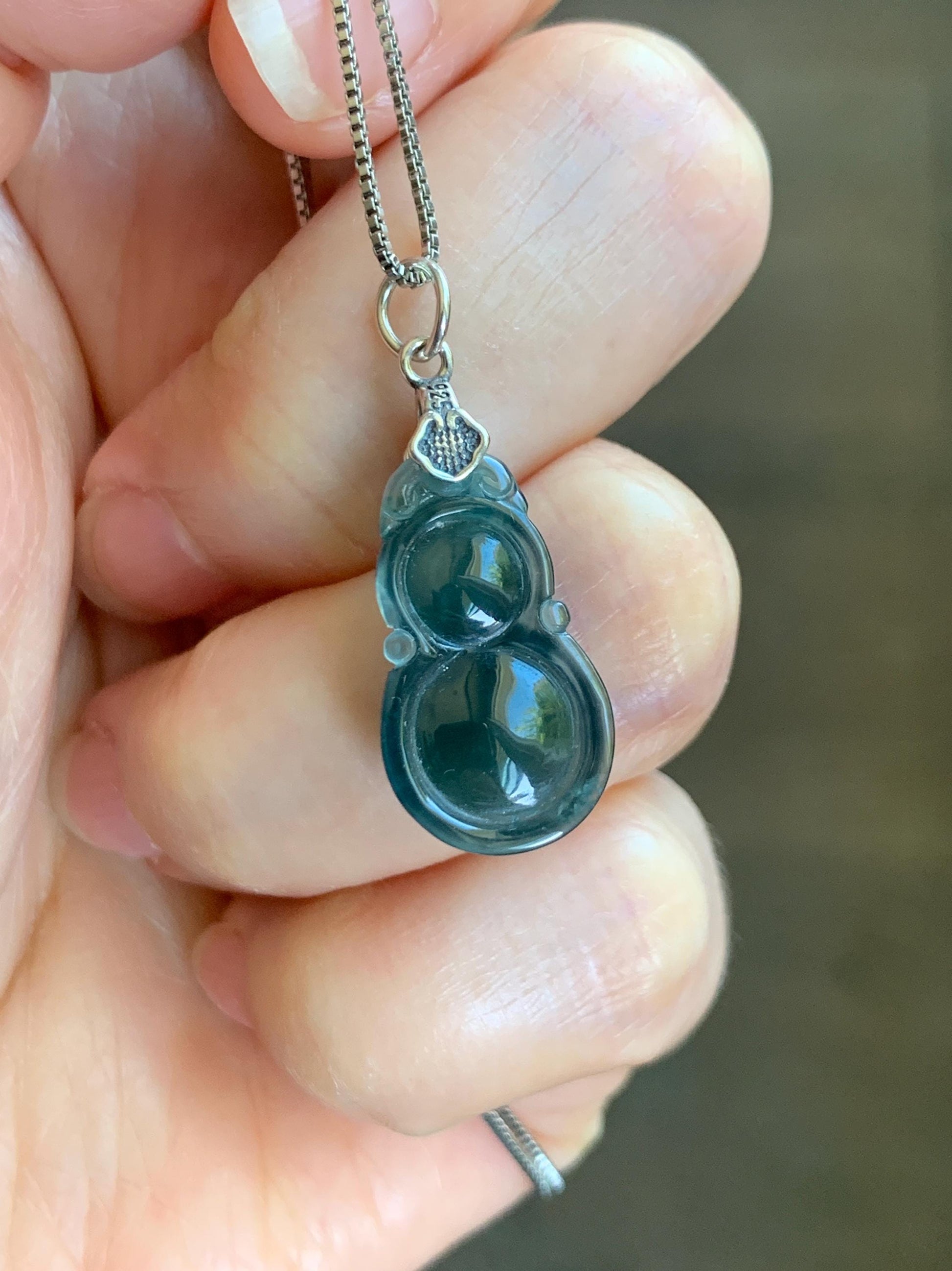 Natural Grade A Guatemalan Icy Translucent Dark Teal Green Jade Jadeite Gourd Hulu Pendant Sterling Silver 2g 天然冰危深蓝绿翡翠葫芦吊坠 WHL132B