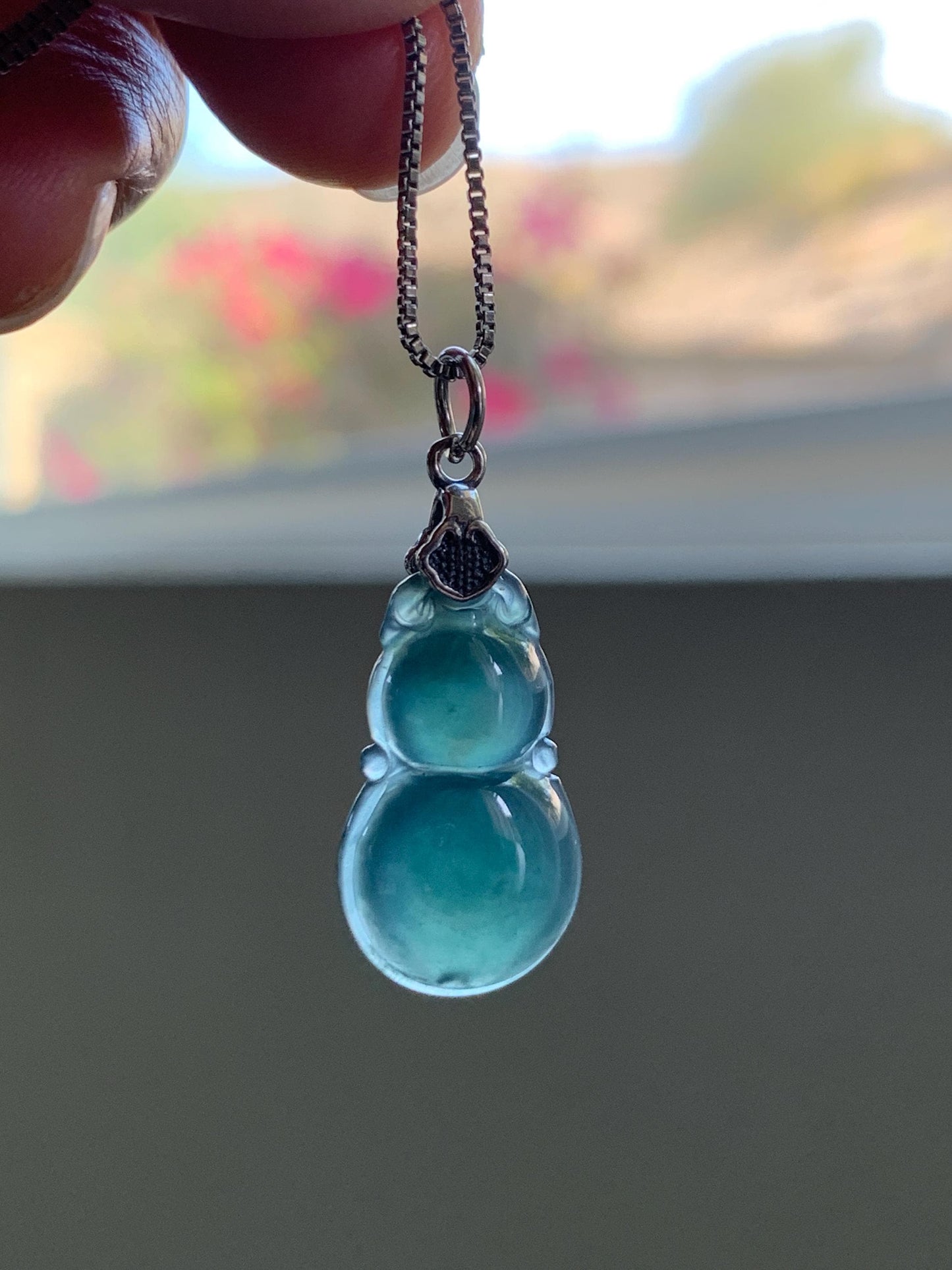 Natural Grade A Guatemalan Icy Translucent Dark Teal Green Jade Jadeite Gourd Hulu Pendant Sterling Silver 2g 天然冰危深蓝绿翡翠葫芦吊坠 WHL132B