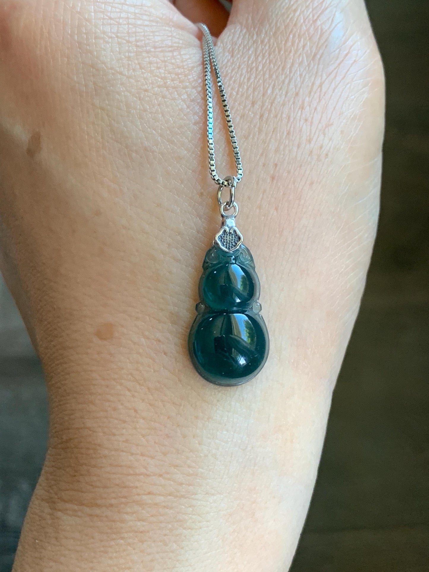 Natural Grade A Guatemalan Icy Translucent Dark Teal Green Jade Jadeite Gourd Hulu Pendant Sterling Silver 2g 天然冰危深蓝绿翡翠葫芦吊坠 WHL132B