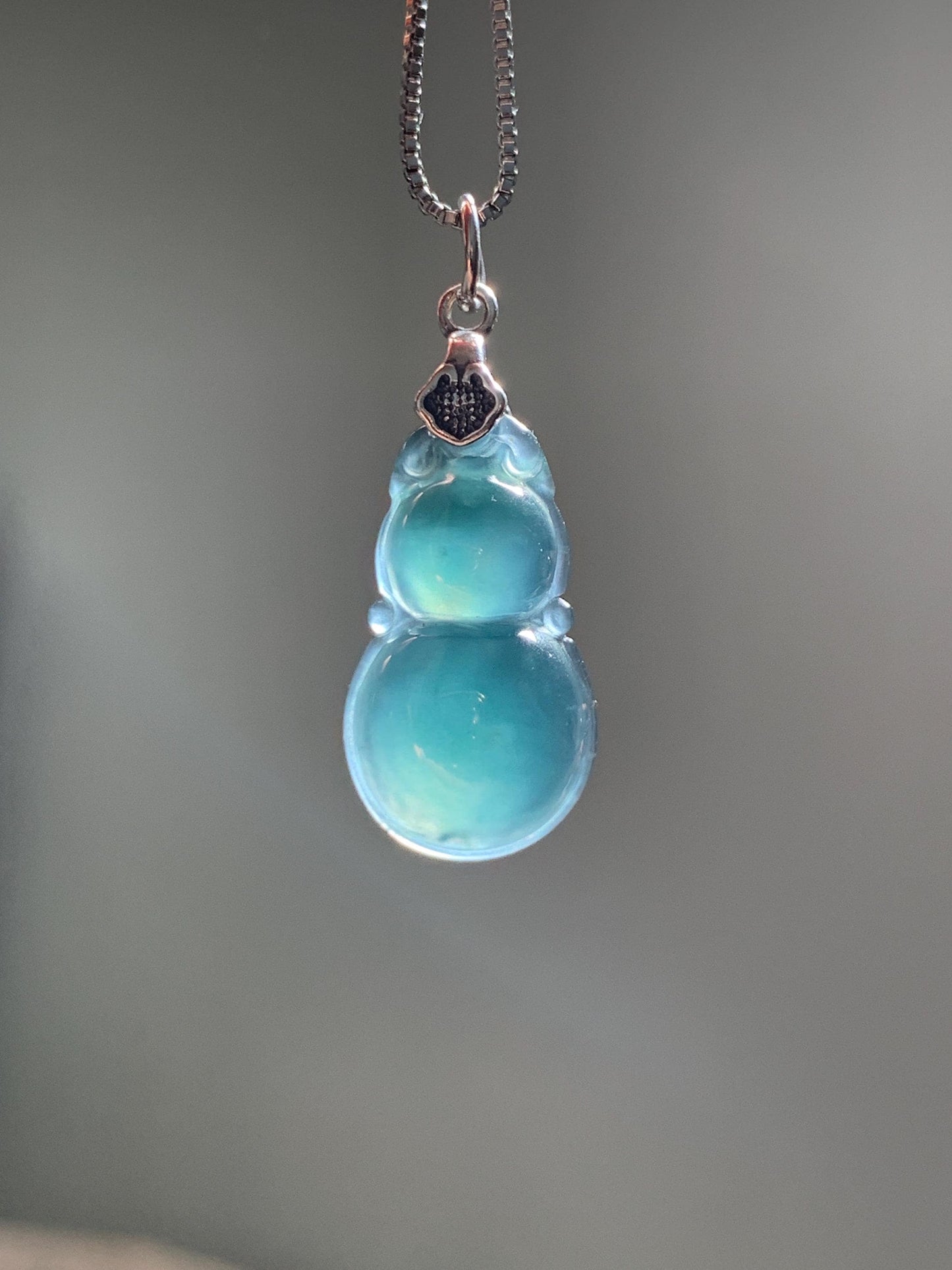 Natural Grade A Guatemalan Icy Translucent Dark Teal Green Jade Jadeite Gourd Hulu Pendant Sterling Silver 2g 天然冰危深蓝绿翡翠葫芦吊坠 WHL132B