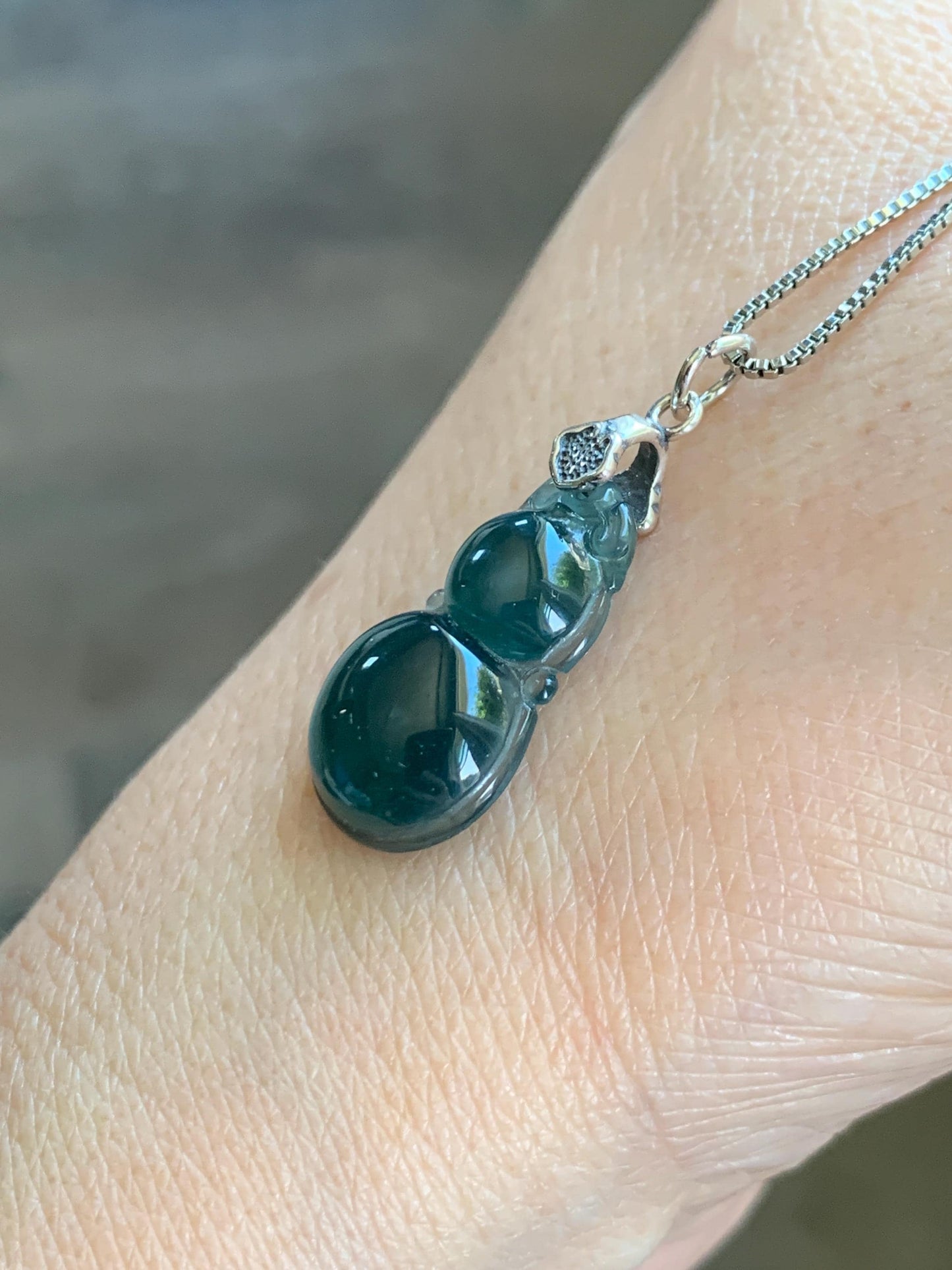Natural Grade A Guatemalan Icy Translucent Dark Teal Green Jade Jadeite Gourd Hulu Pendant Sterling Silver 2g 天然冰危深蓝绿翡翠葫芦吊坠 WHL132B