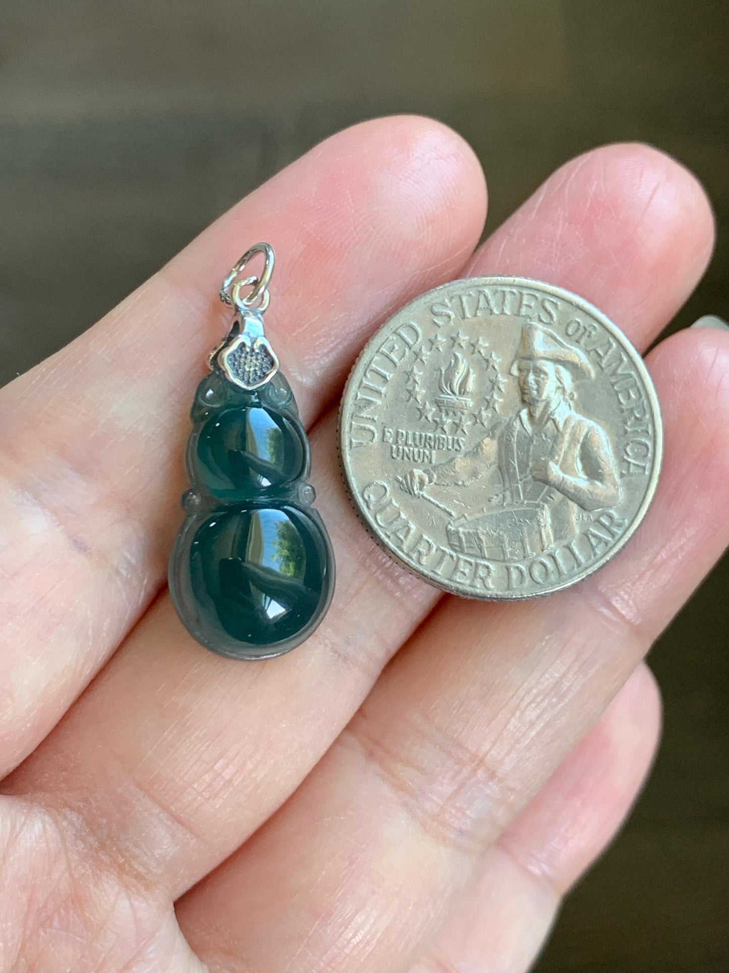 Natural Grade A Guatemalan Icy Translucent Dark Teal Green Jade Jadeite Gourd Hulu Pendant Sterling Silver 2g 天然冰危深蓝绿翡翠葫芦吊坠 WHL132B