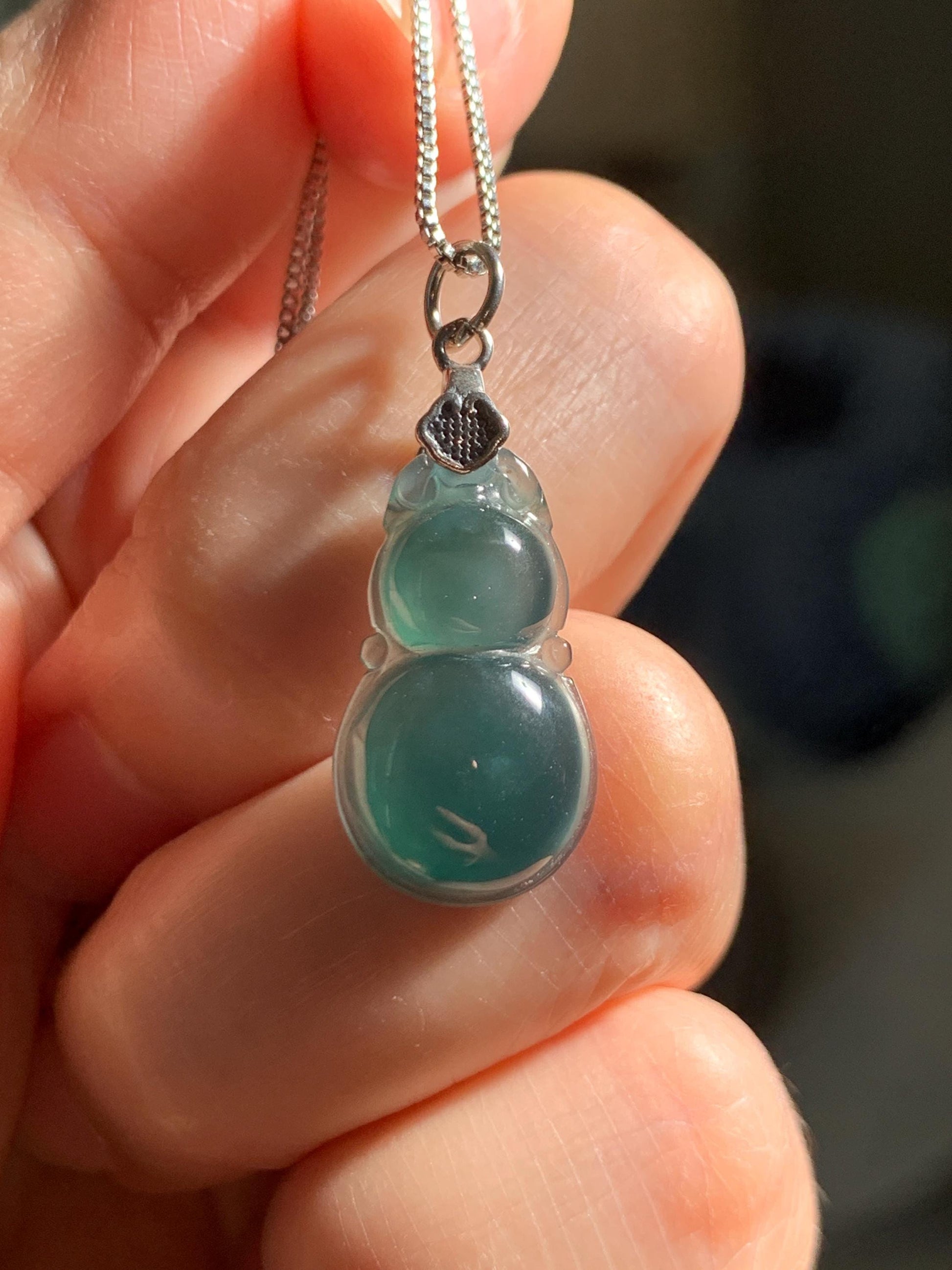 Natural Grade A Guatemalan Icy Translucent Dark Teal Green Jade Jadeite Gourd Hulu Pendant Sterling Silver 2g 天然冰危深蓝绿翡翠葫芦吊坠 WHL132B