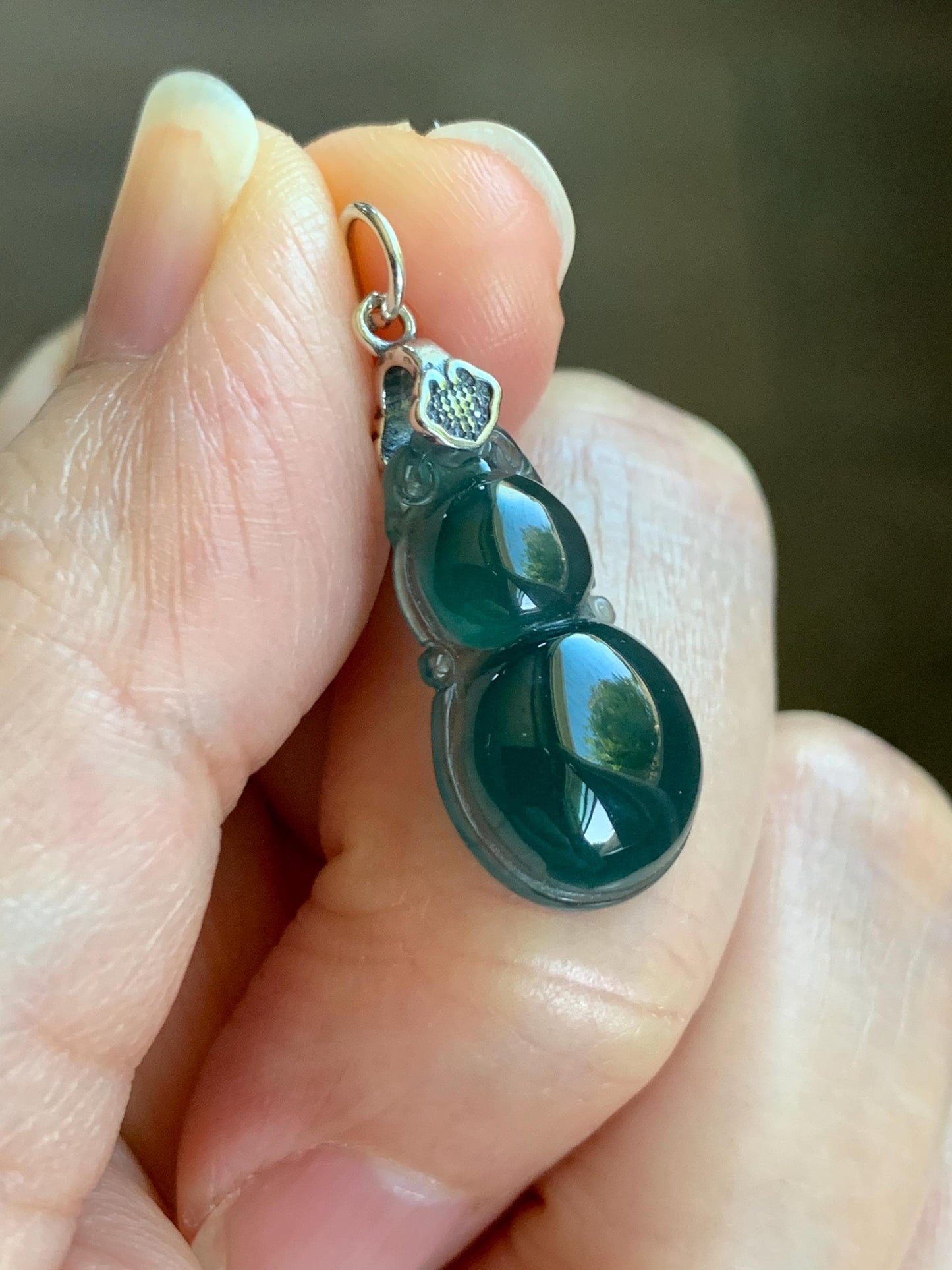 Natural Grade A Guatemalan Icy Translucent Dark Teal Green Jade Jadeite Gourd Hulu Pendant Sterling Silver 2g 天然冰危深蓝绿翡翠葫芦吊坠 WHL132B