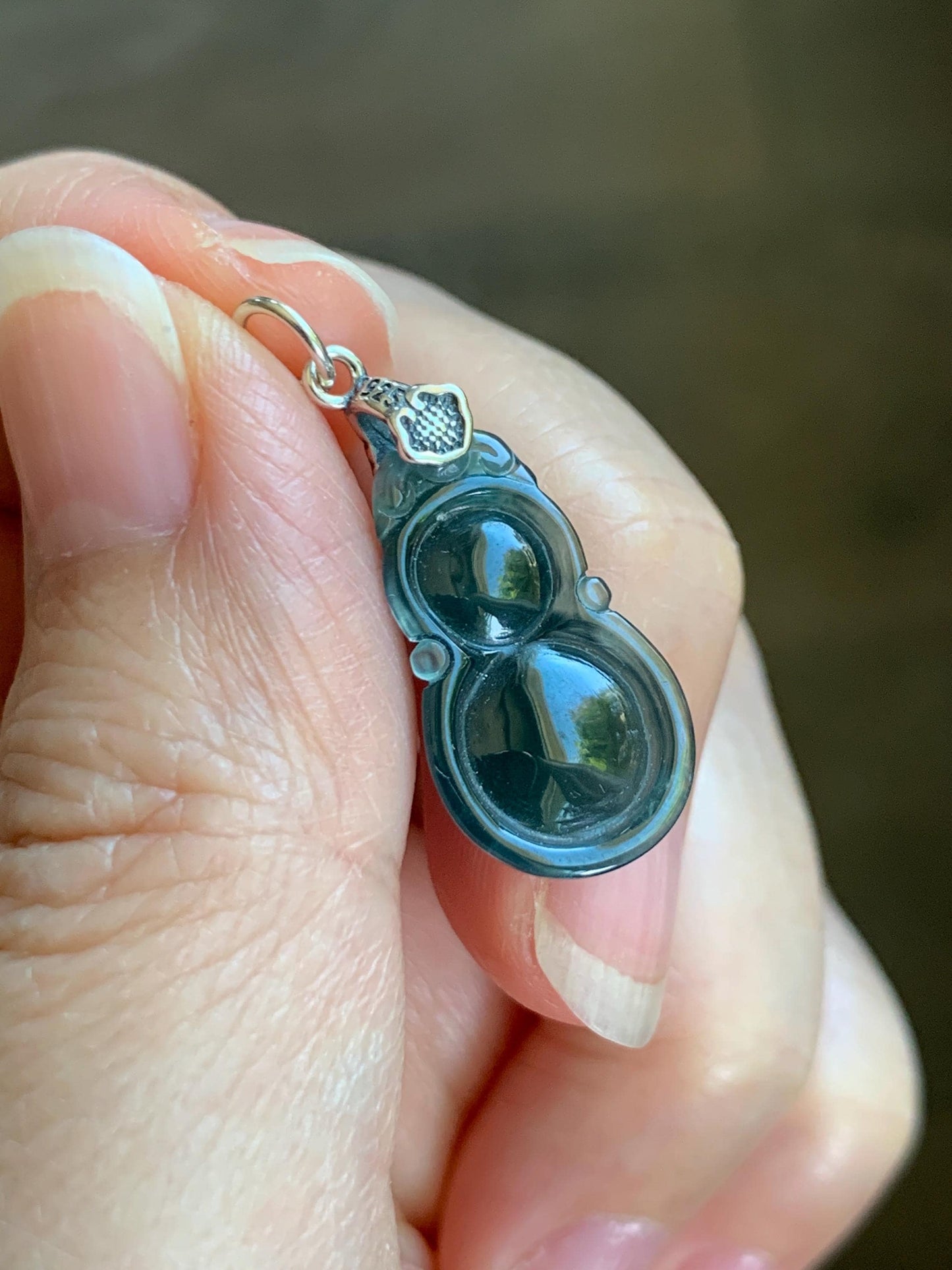 Natural Grade A Guatemalan Icy Translucent Dark Teal Green Jade Jadeite Gourd Hulu Pendant Sterling Silver 2g 天然冰危深蓝绿翡翠葫芦吊坠 WHL132B