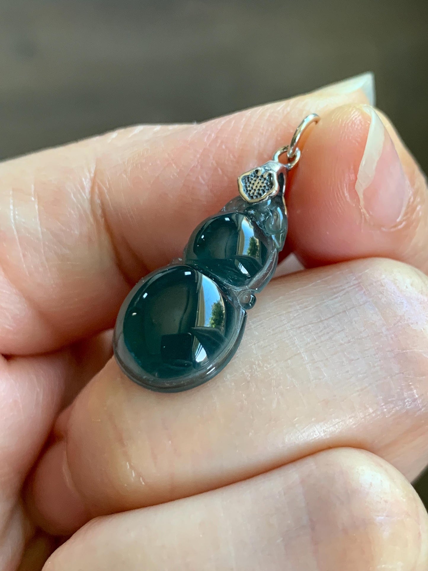Natural Grade A Guatemalan Icy Translucent Dark Teal Green Jade Jadeite Gourd Hulu Pendant Sterling Silver 2g 天然冰危深蓝绿翡翠葫芦吊坠 WHL132B