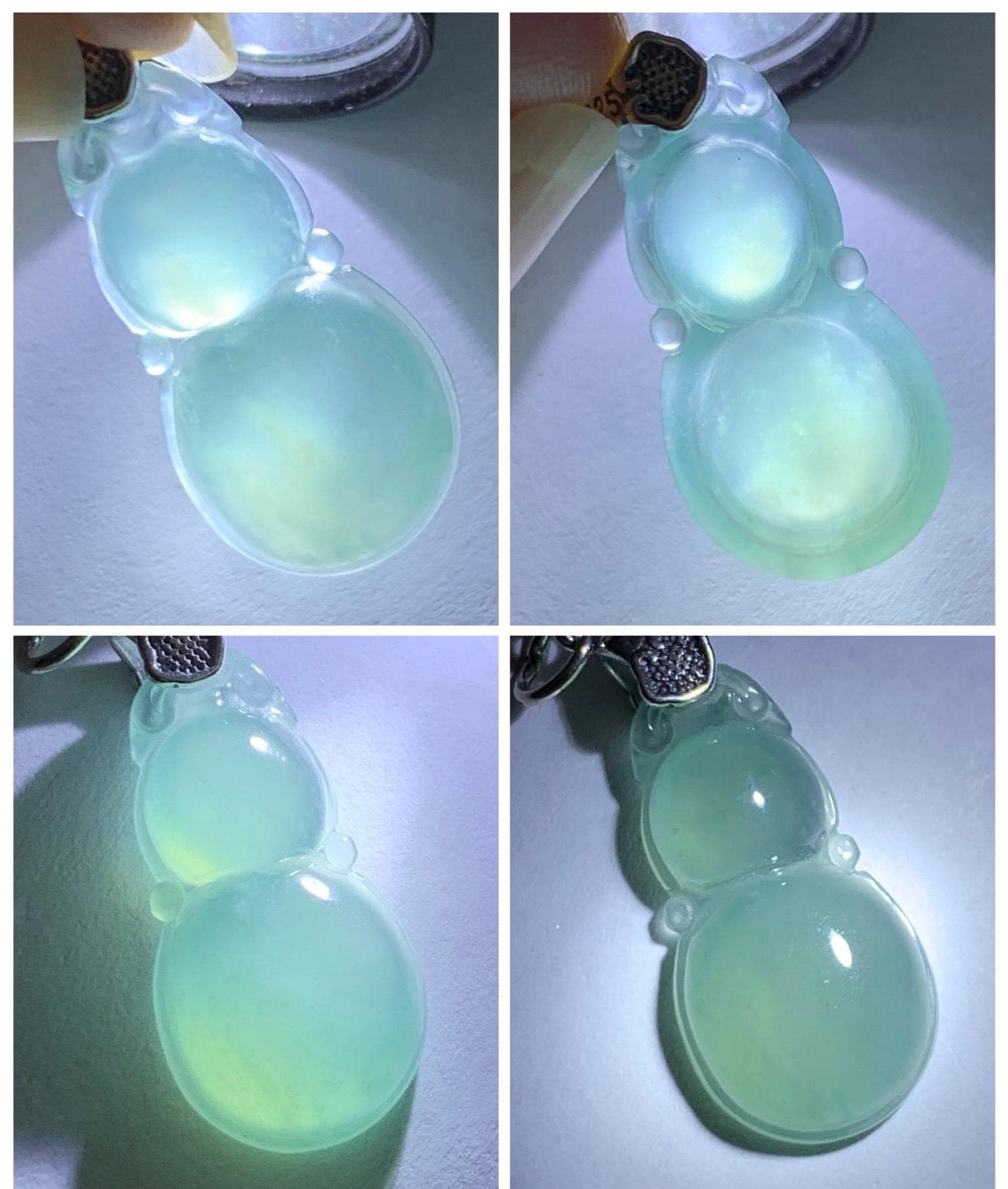 Natural Grade A Guatemalan Icy Translucent Teal Green Jade Jadeite Gourd Hulu Pendant Sterling Silver 2g 天然冰危蓝绿翡翠葫芦吊坠 WHL132A