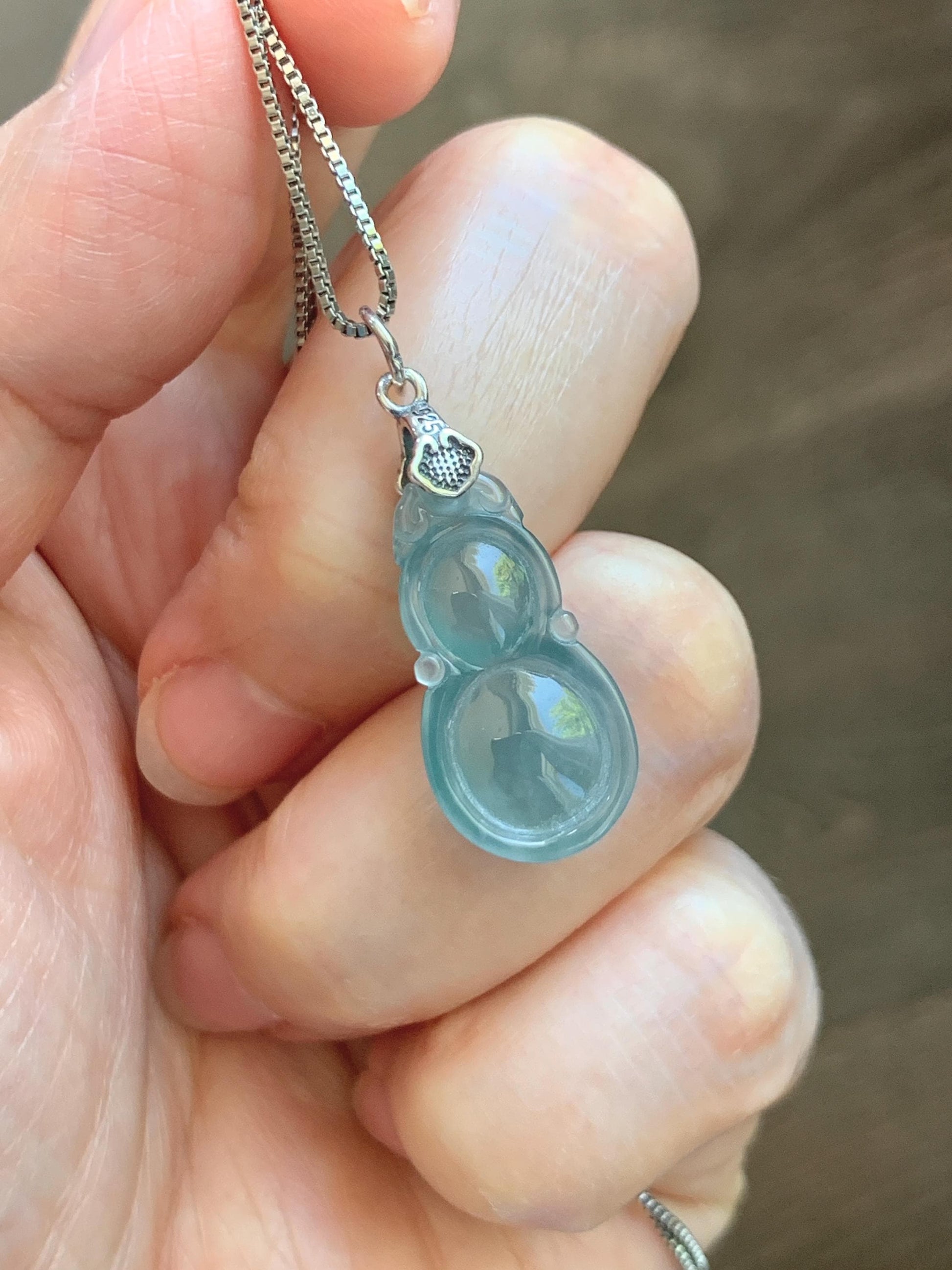 Natural Grade A Guatemalan Icy Translucent Teal Green Jade Jadeite Gourd Hulu Pendant Sterling Silver 2g 天然冰危蓝绿翡翠葫芦吊坠 WHL132A