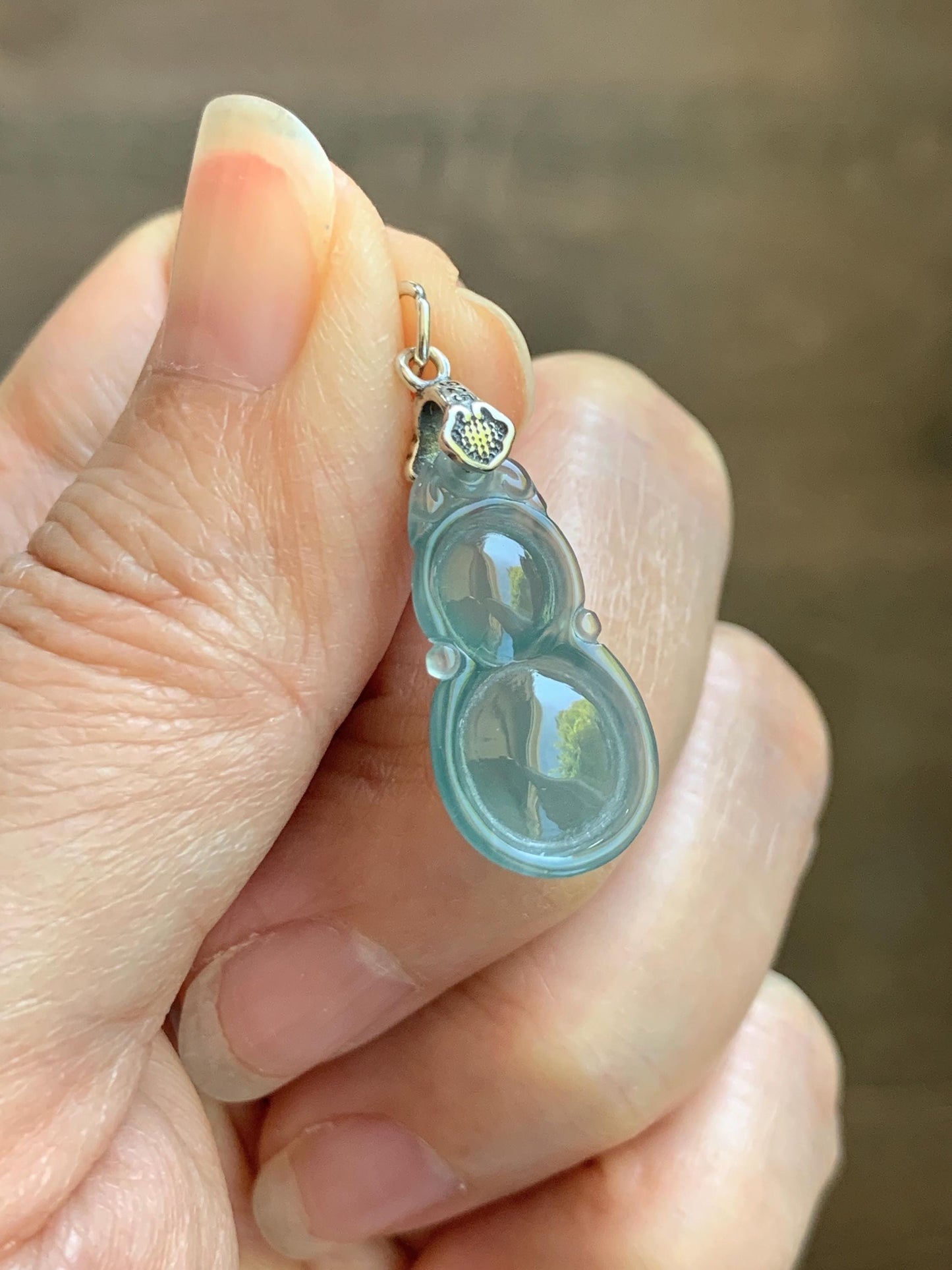 Natural Grade A Guatemalan Icy Translucent Teal Green Jade Jadeite Gourd Hulu Pendant Sterling Silver 2g 天然冰危蓝绿翡翠葫芦吊坠 WHL132A
