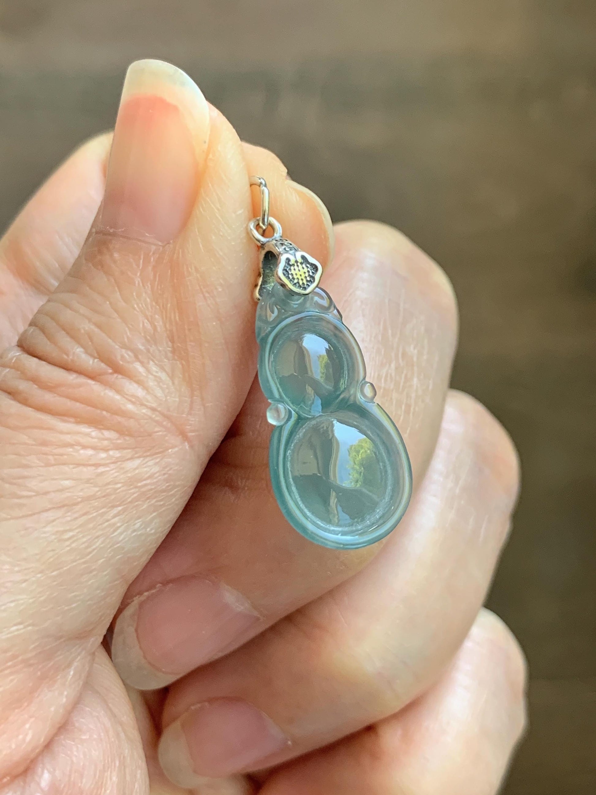 Natural Grade A Guatemalan Icy Translucent Teal Green Jade Jadeite Gourd Hulu Pendant Sterling Silver 2g 天然冰危蓝绿翡翠葫芦吊坠 WHL132A