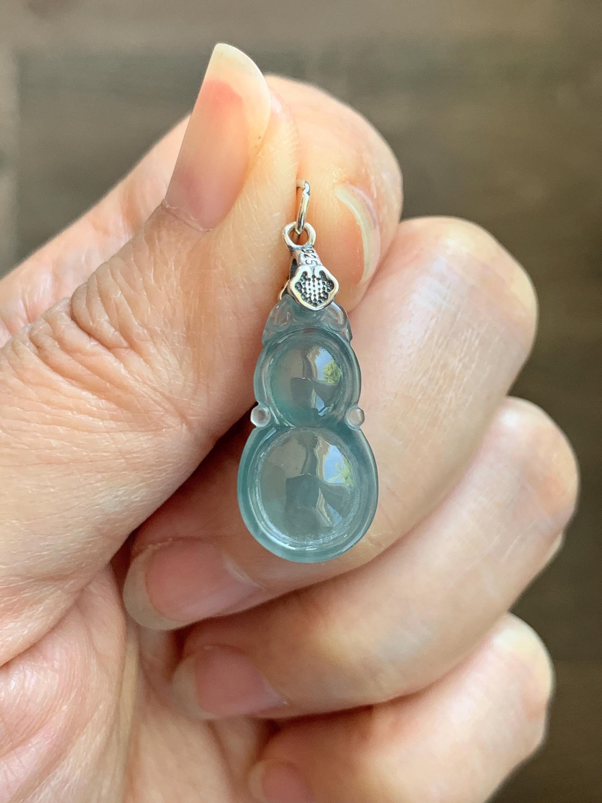 Natural Grade A Guatemalan Icy Translucent Teal Green Jade Jadeite Gourd Hulu Pendant Sterling Silver 2g 天然冰危蓝绿翡翠葫芦吊坠 WHL132A