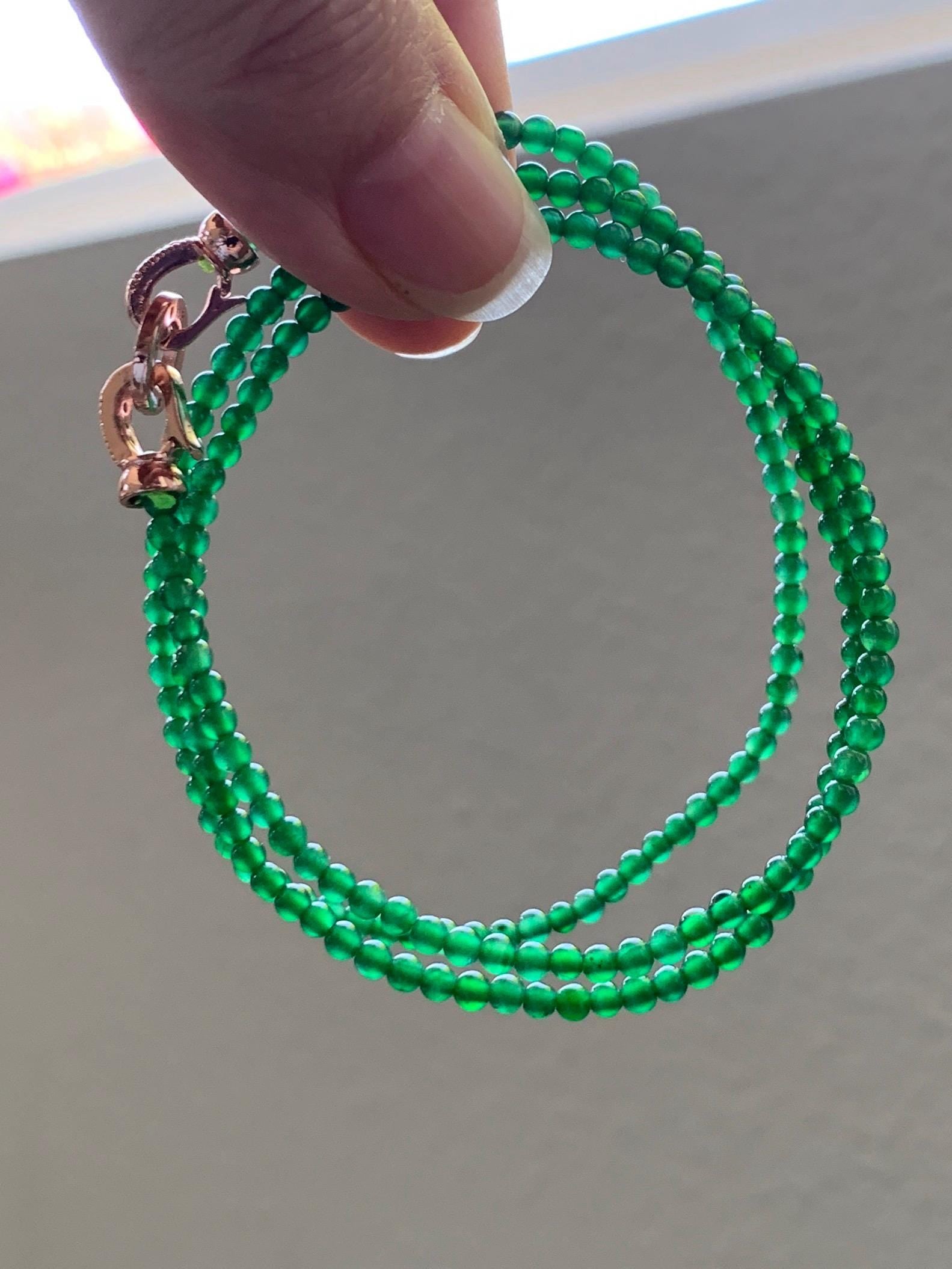 Natural Grade A Guatemalan Icy Vibrant Green Jade Jadeite Petite Beads Beaded Necklace Sterling Silver 2.3-2.6mm 19.75” 天然冰危绿翡翠小圆珠项链 WVL660B
