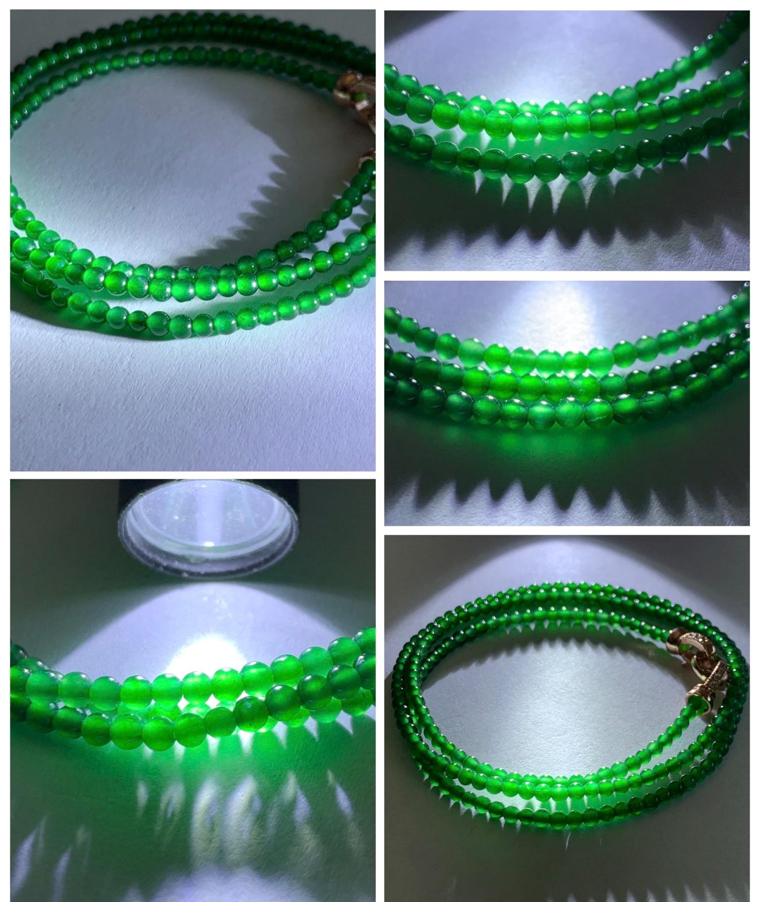Natural Grade A Guatemalan Icy Vibrant Green Jade Jadeite Petite Beads Beaded Necklace Sterling Silver 2.3-2.6mm 19.75” 天然冰危绿翡翠小圆珠项链 WVL660B