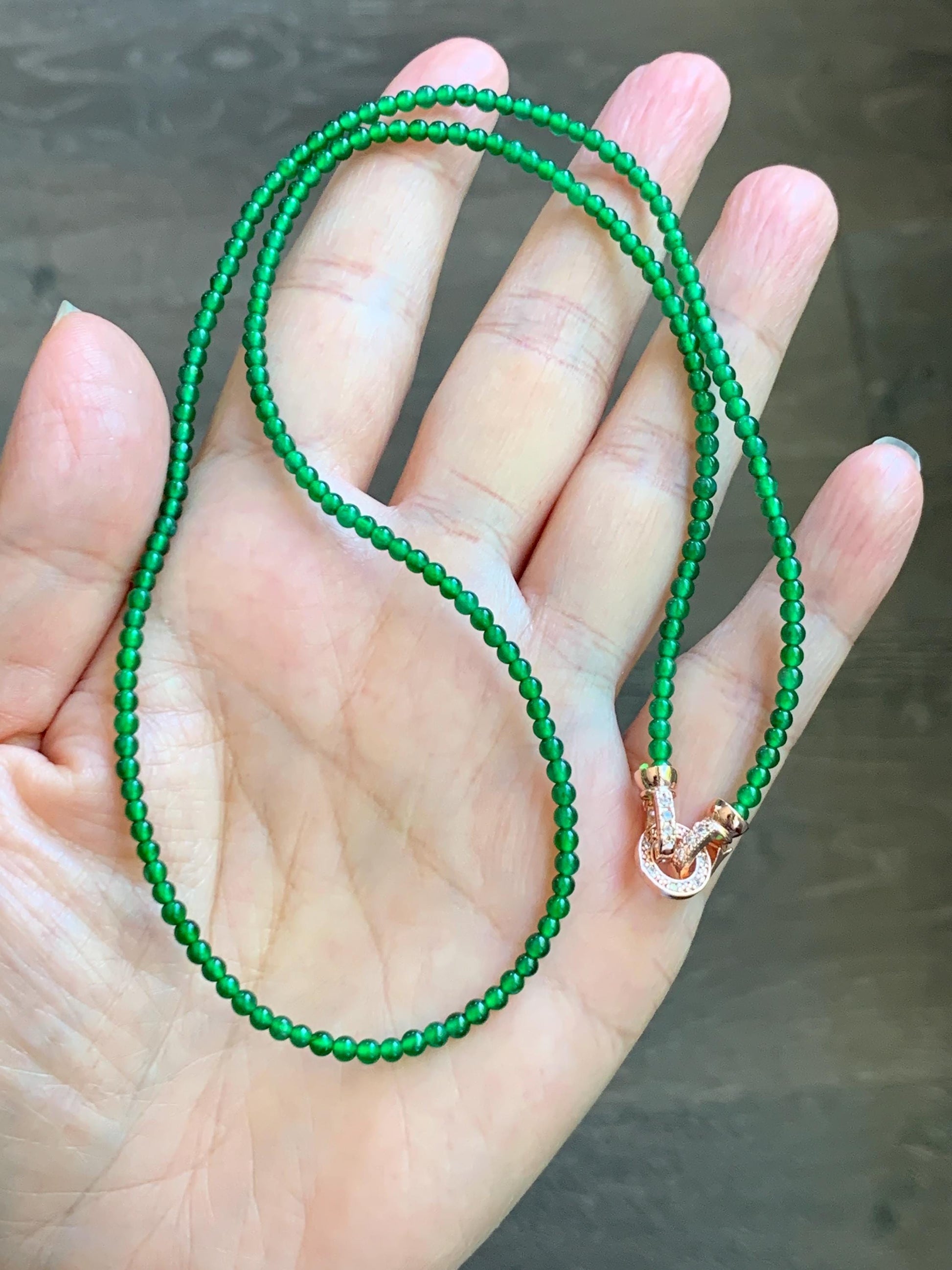 Natural Grade A Guatemalan Icy Vibrant Green Jade Jadeite Petite Beads Beaded Necklace Sterling Silver 2.3-2.6mm 19.75” 天然冰危绿翡翠小圆珠项链 WVL660B